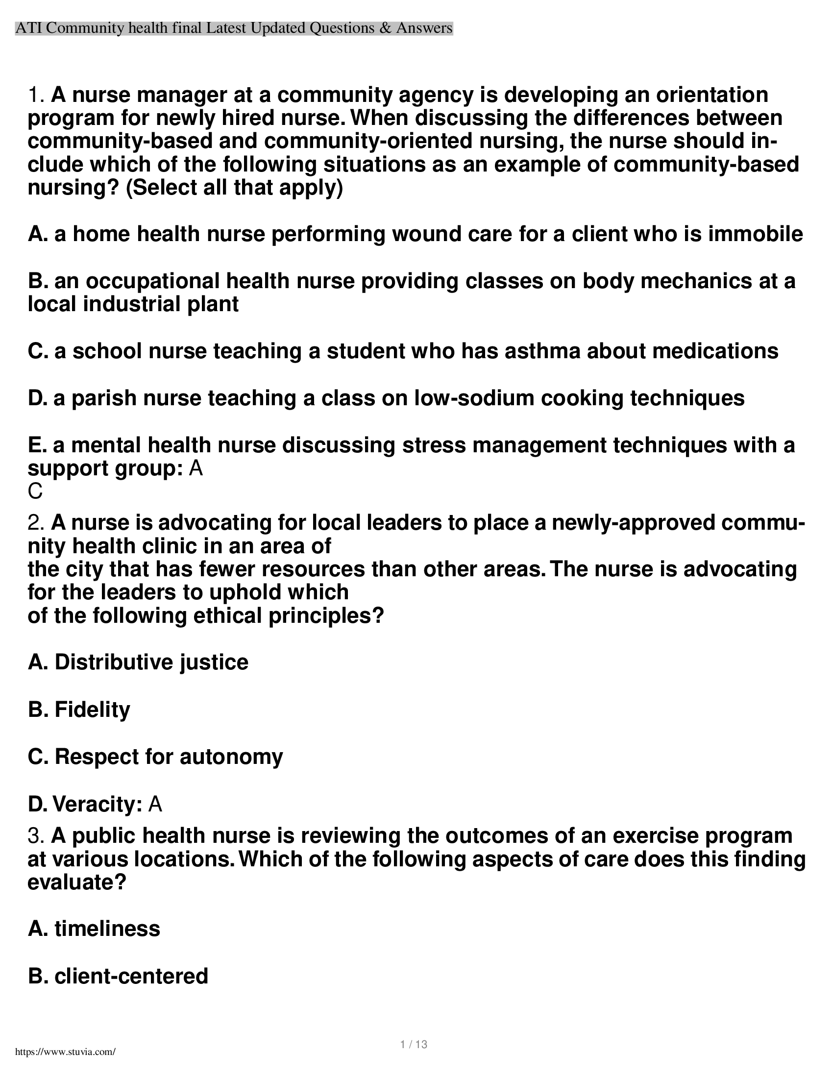 ATI Community health final Latest Updated Questions & Answers