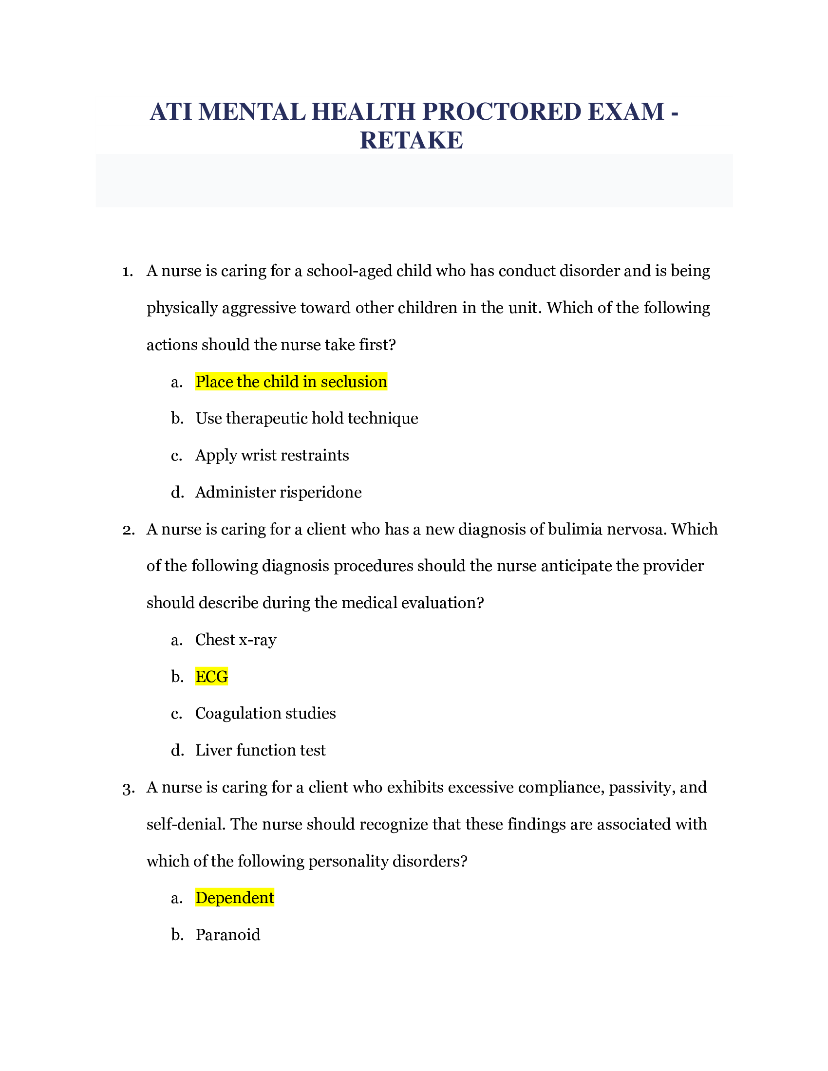 ATI Mental Health Proctored Retake Study Guide