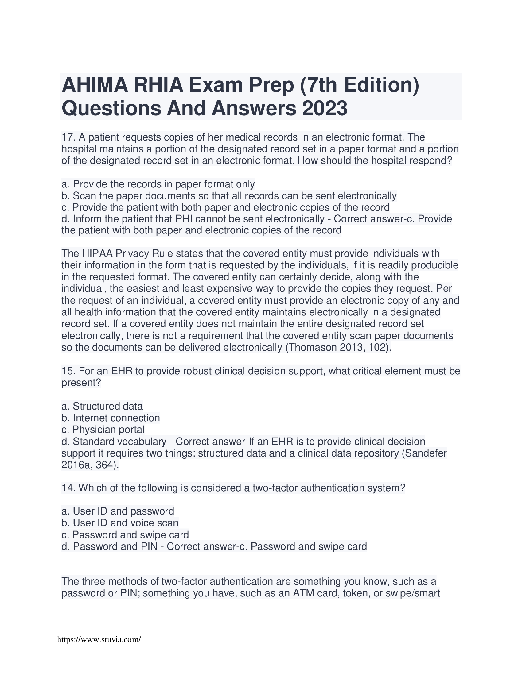AHIMA RHIA Exam Prep (7th Edition)Questions And Answers 2024
