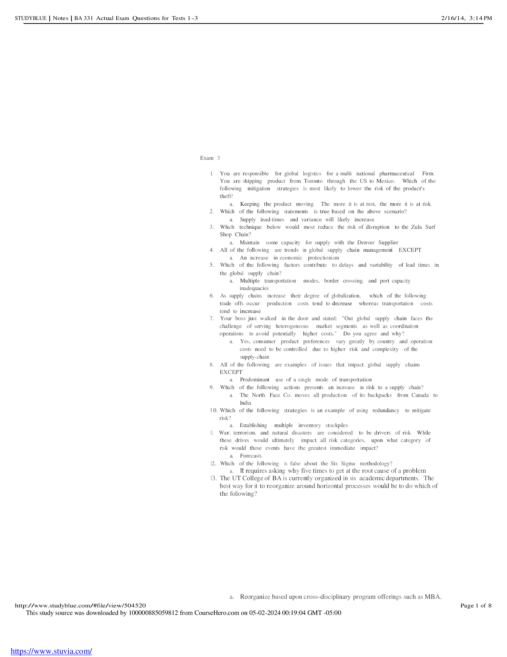 BA 331 Actual Exam Questions for Tests 1-3