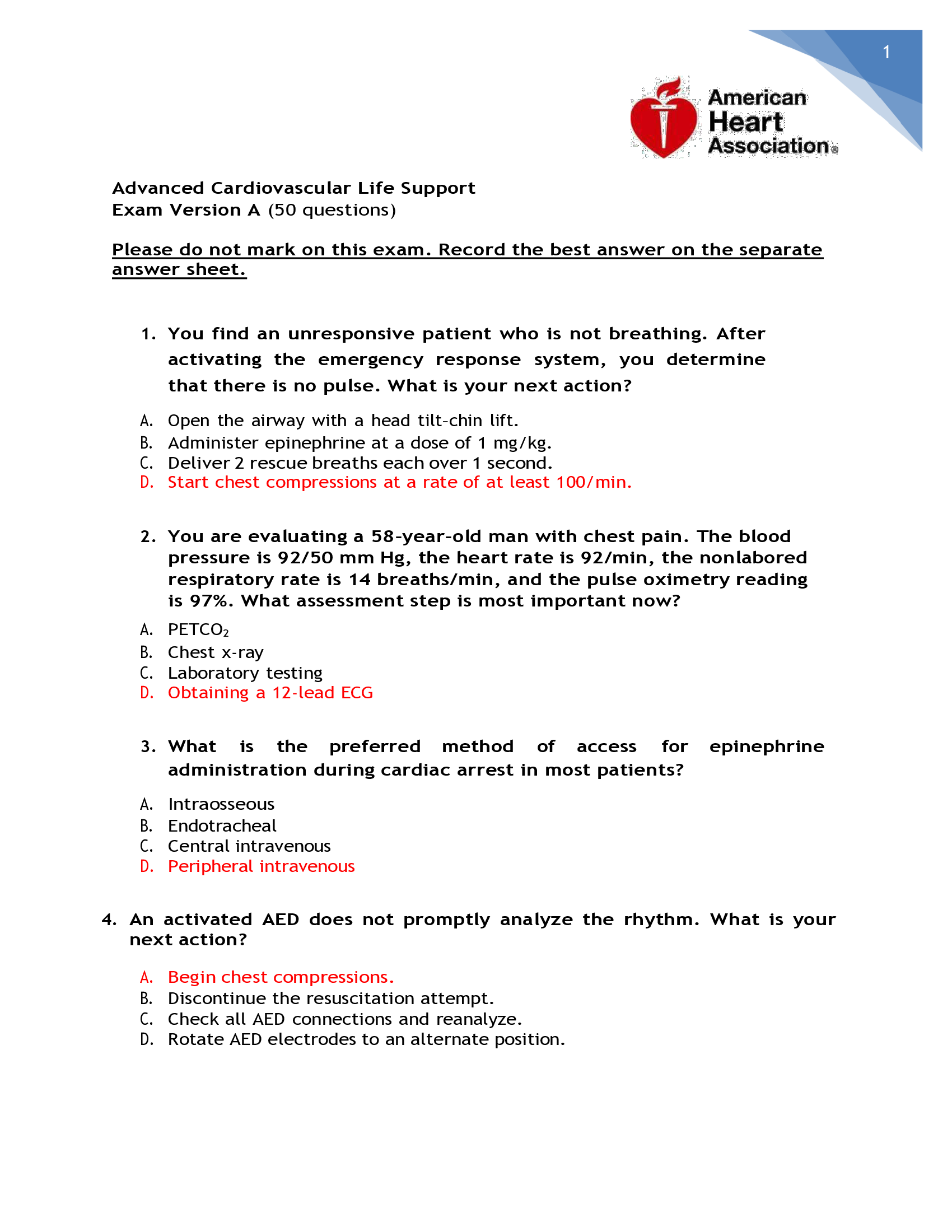 ACLS Exam Version A Updated Graded A+