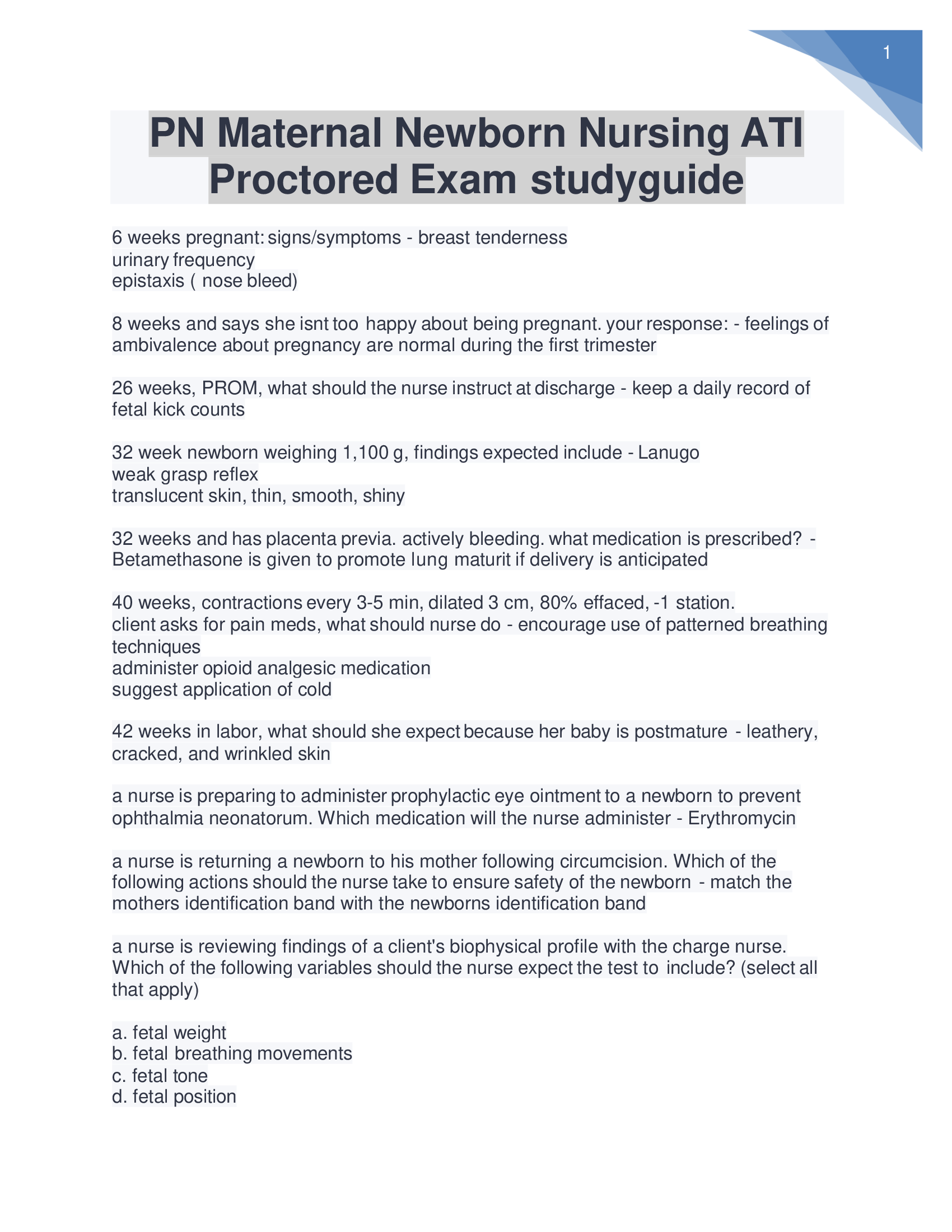 PN Maternal Newborn Nursing ATI Proctored Exam study guide