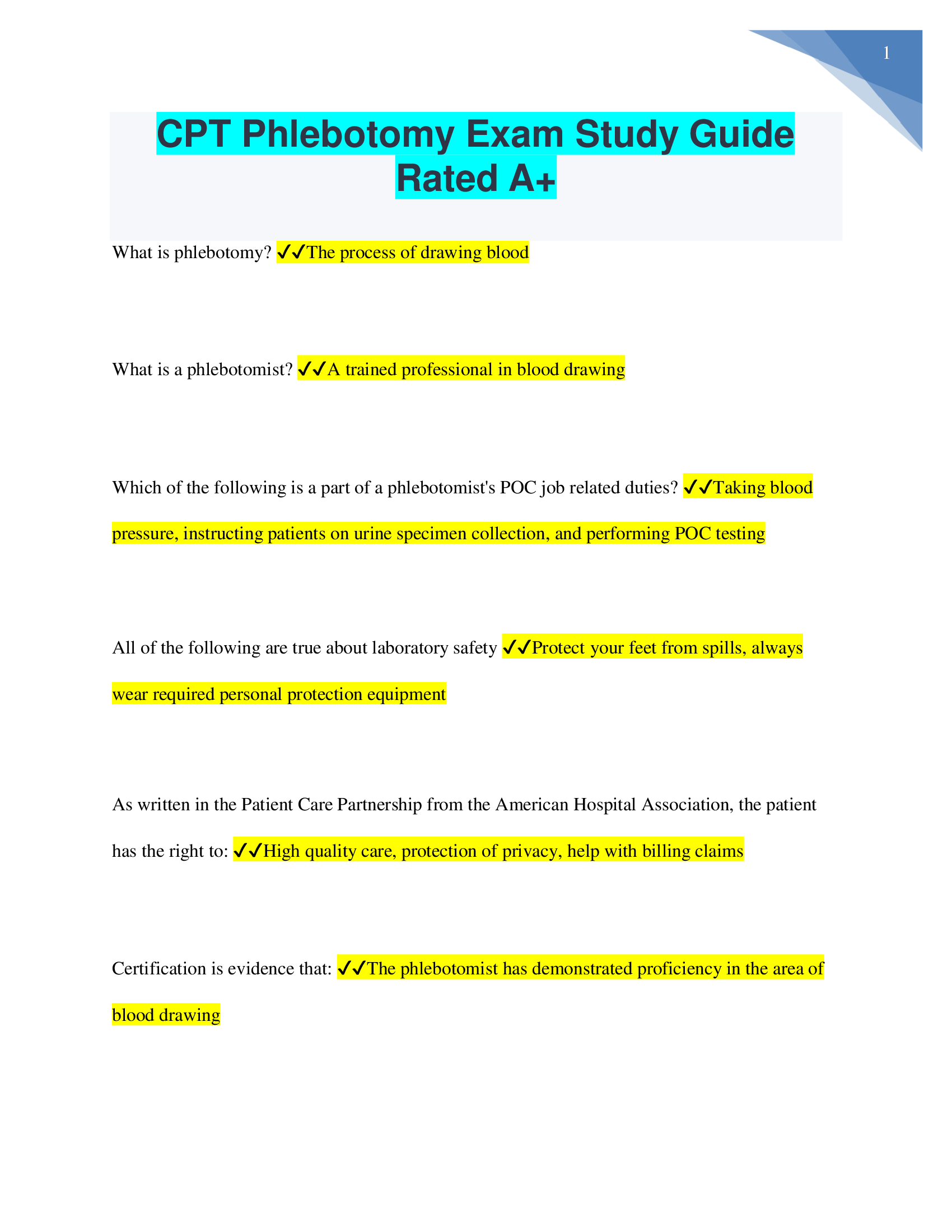 CPT Phlebotomy Exam Study Guide Rated A+