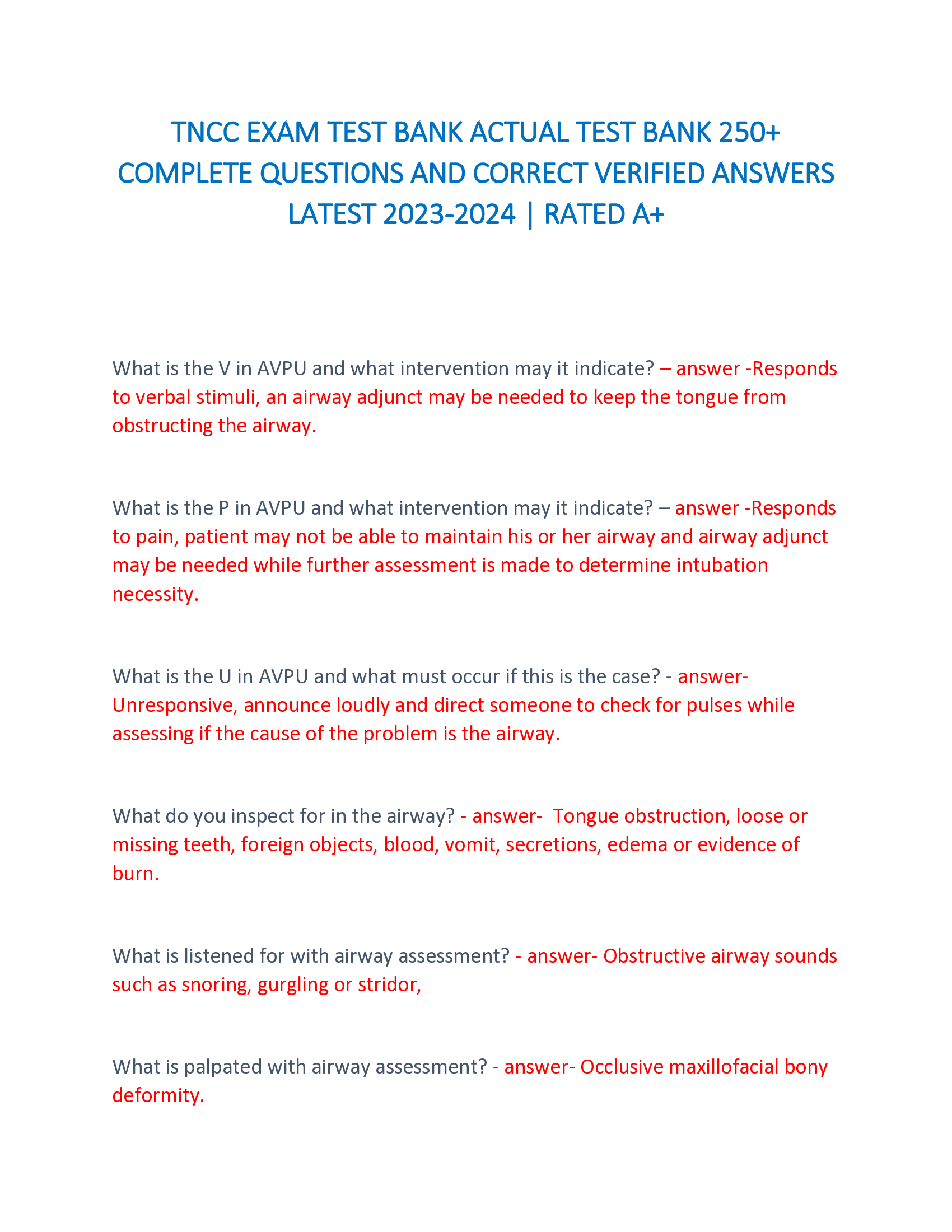 TNCC EXAM TEST BANK ACTUAL TEST BANK 250+  COMPLETE QUESTIONS AND CORRECT VERIFIED ANSWERS LATEST 2023-2024 | RATED A+