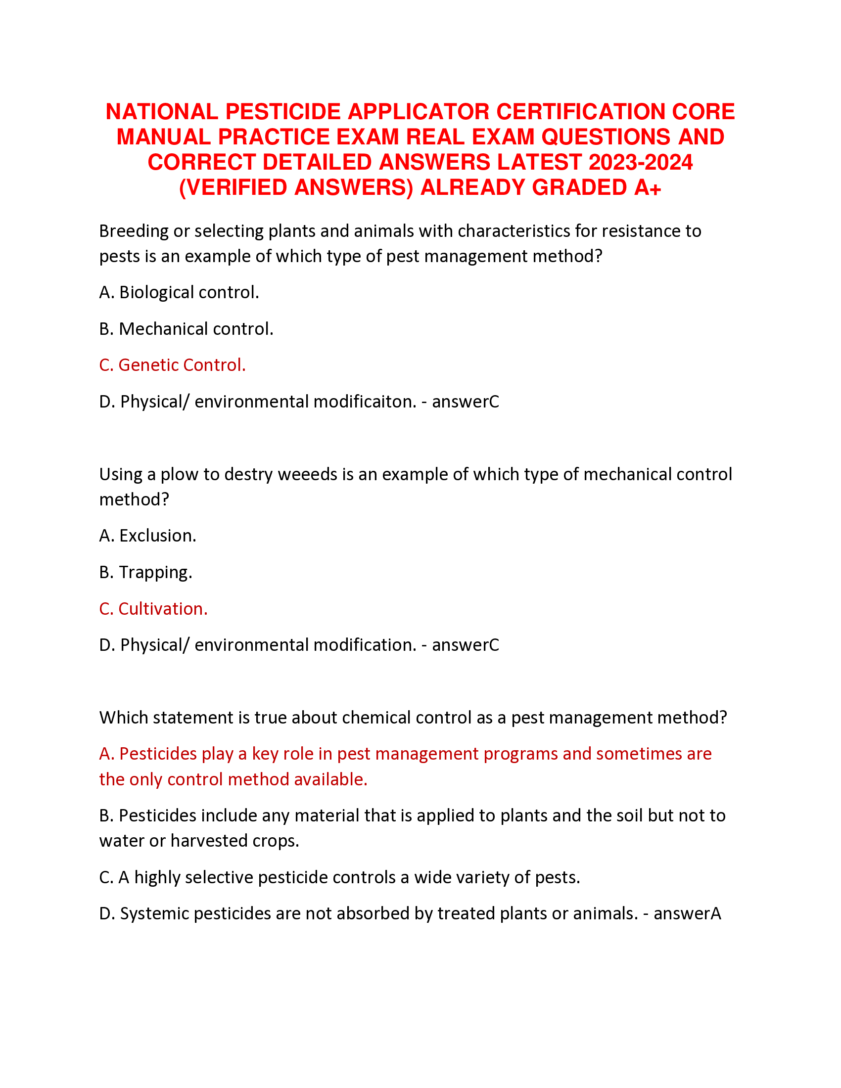 NATIONAL PESTICIDE APPLICATOR CERTIFICATION CORE  MANUAL PRACTICE EXAM REAL EXAM QUESTIONS AND  CORRECT DETAILED ANSWERS LATEST 2023-2024  (VERIFIED ANSWERS) ALREADY GRADED A+