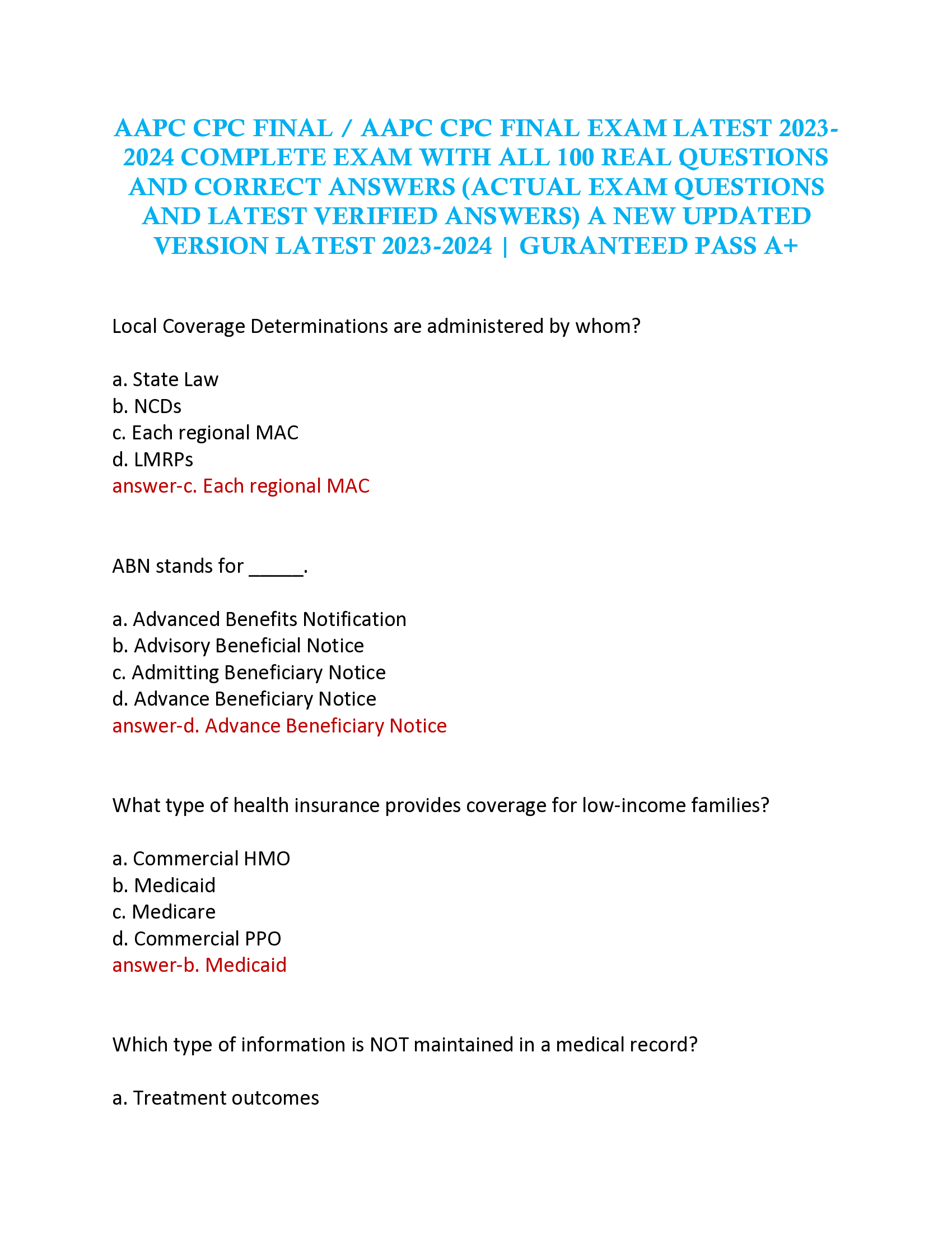 AAPC CPC FINAL AAPC CPC FINAL EXAM LATEST 2023- 2024 COMPLETE EXAM WITH ALL 100 REAL QUESTIONS  AND CORRECT ANSWERS (ACTUAL EXAM QUESTIONS  AND LATEST VERIFIED ANSWERS) A NEW UPDATED  VERSION LATEST 2023-2024 | GURANTEED PASS A+