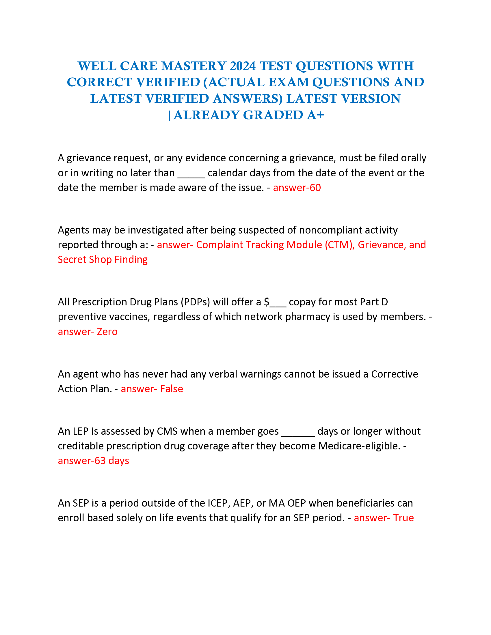 Well Care Mastery 2026 Test Questions With Correct Verified (Actual Exam Questions and Latest Verified Answers) Latest Version | Already Graded A+