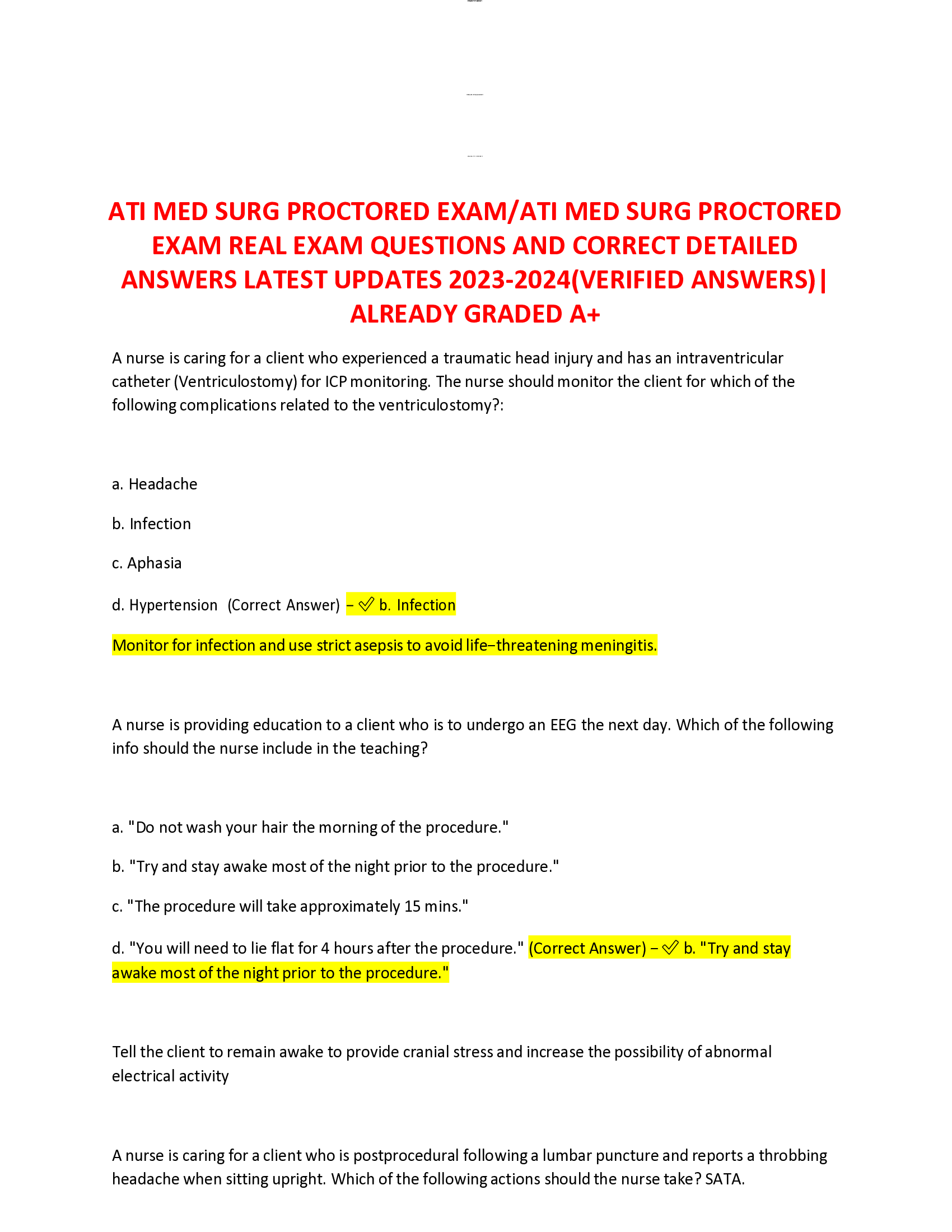 ATI MED SURG PROCTORED EXAM, ATI MED SURG PROCTORED  EXAM REAL EXAM QUESTIONS AND CORRECT DETAILED  ANSWERS LATEST UPDATES 2023-2024 (VERIFIED ANSWERS) |  ALREADY GRADED A+