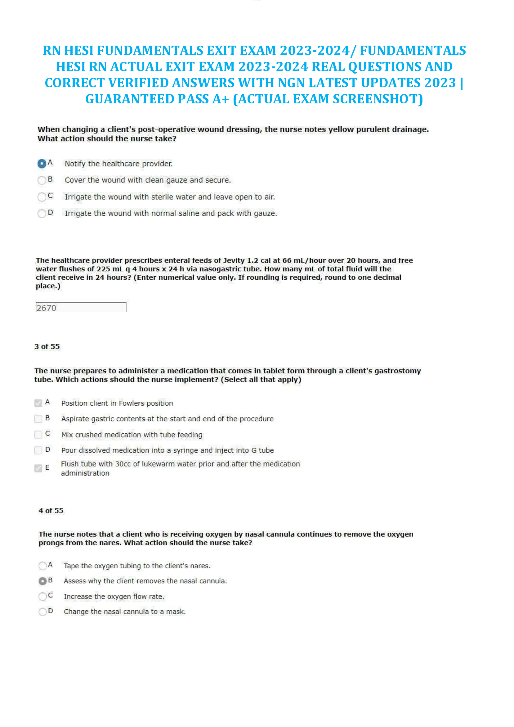 Rn HESI Fundamentals Exit Exam 2026 Fundamentals HESI RN Actual Exit Exam 2026 Real Questions And Correct Verified Answers With NGN Latest Updates 2026 | Guaranteed Pass A+ (Actual Exam Screenshot)