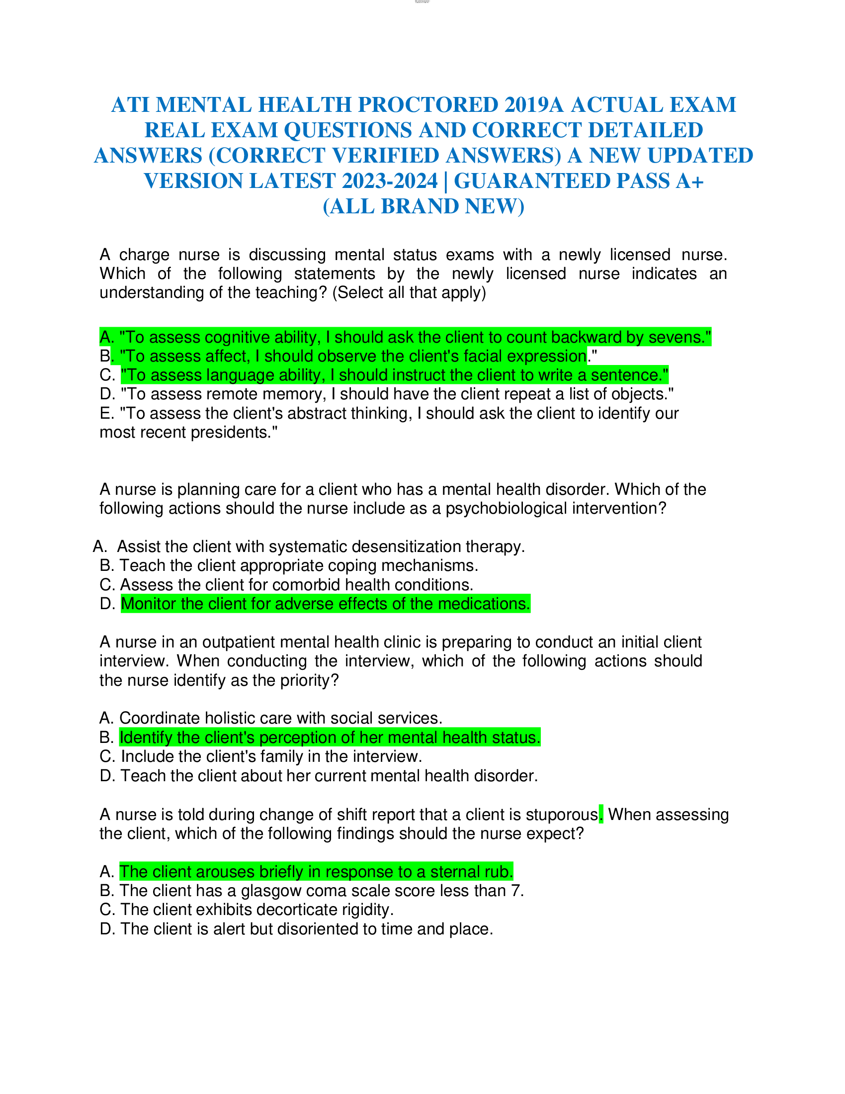 ATI MENTAL HEALTH PROCTORED 2019A ACTUAL EXAM  REAL EXAM QUESTIONS AND CORRECT DETAILED  ANSWERS (CORRECT VERIFIED ANSWERS) A NEW UPDATED  VERSION LATEST 2023-2024 | GUARANTEED PASS A+   (ALL BRAND NEW)