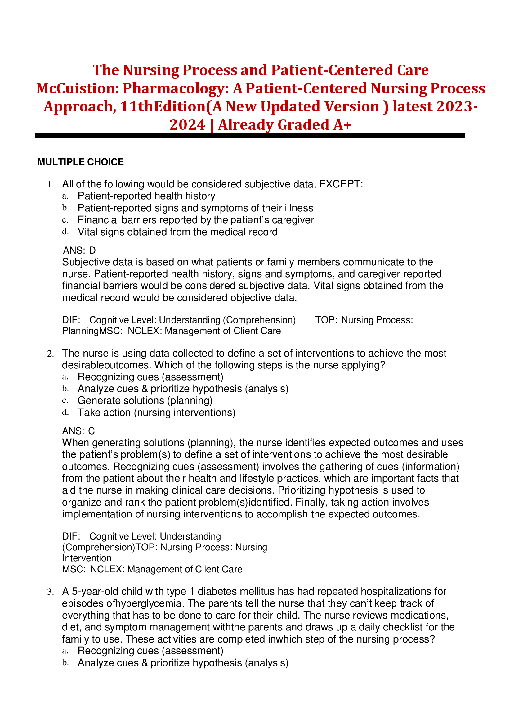 The Nursing Process and Patient-Centered Care  McCuistion: Pharmacology: A Patient-Centered Nursing Process  Approach, 11th Edition (A New Updated Version ) latest 2023- 	2024 | Already Graded A+