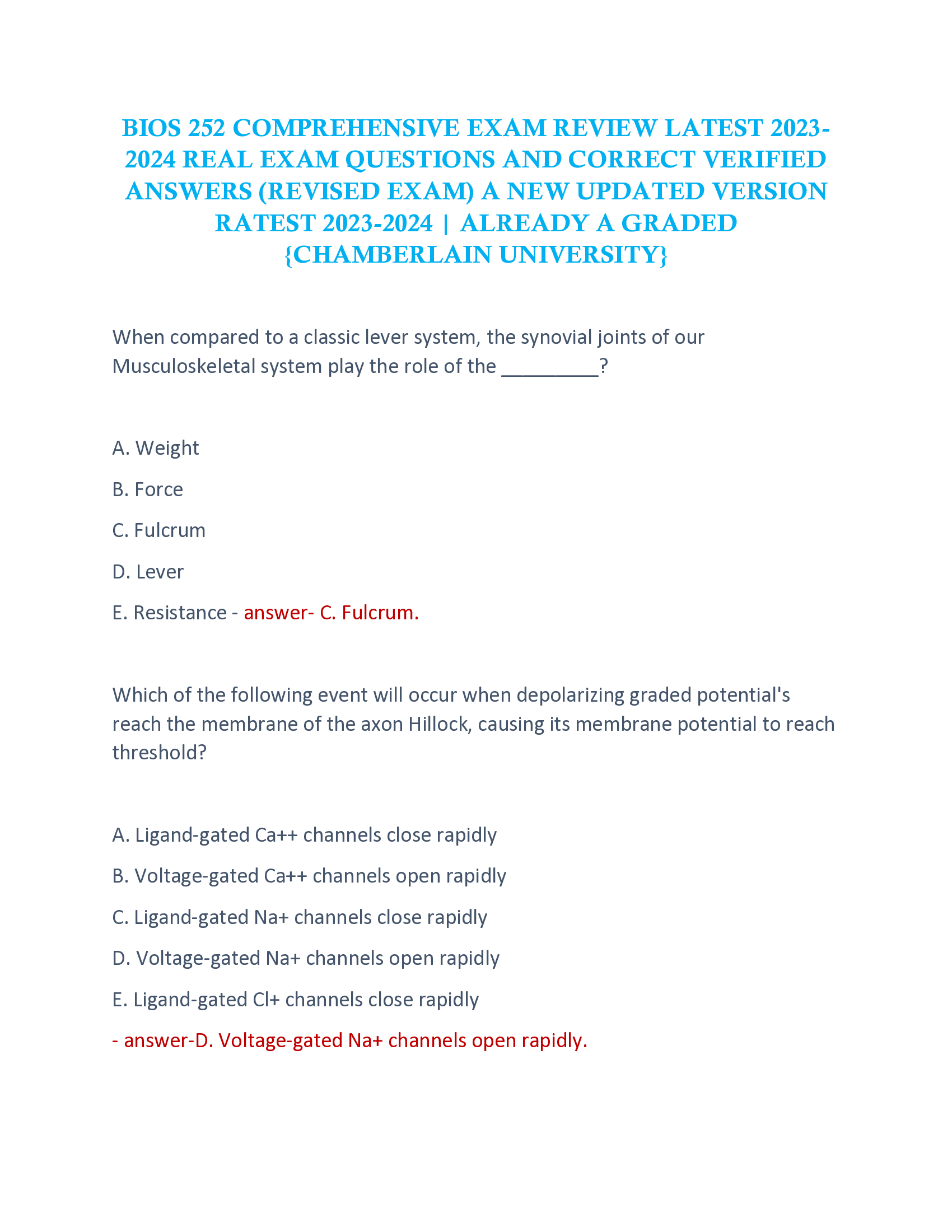 BIOS 252 Comprehensive Exam Review 2026 | Real Exam Questions & Verified Answers (Revised Exam) – A New Updated Version – Latest 2026 | Already A Graded (Chamberlain University)