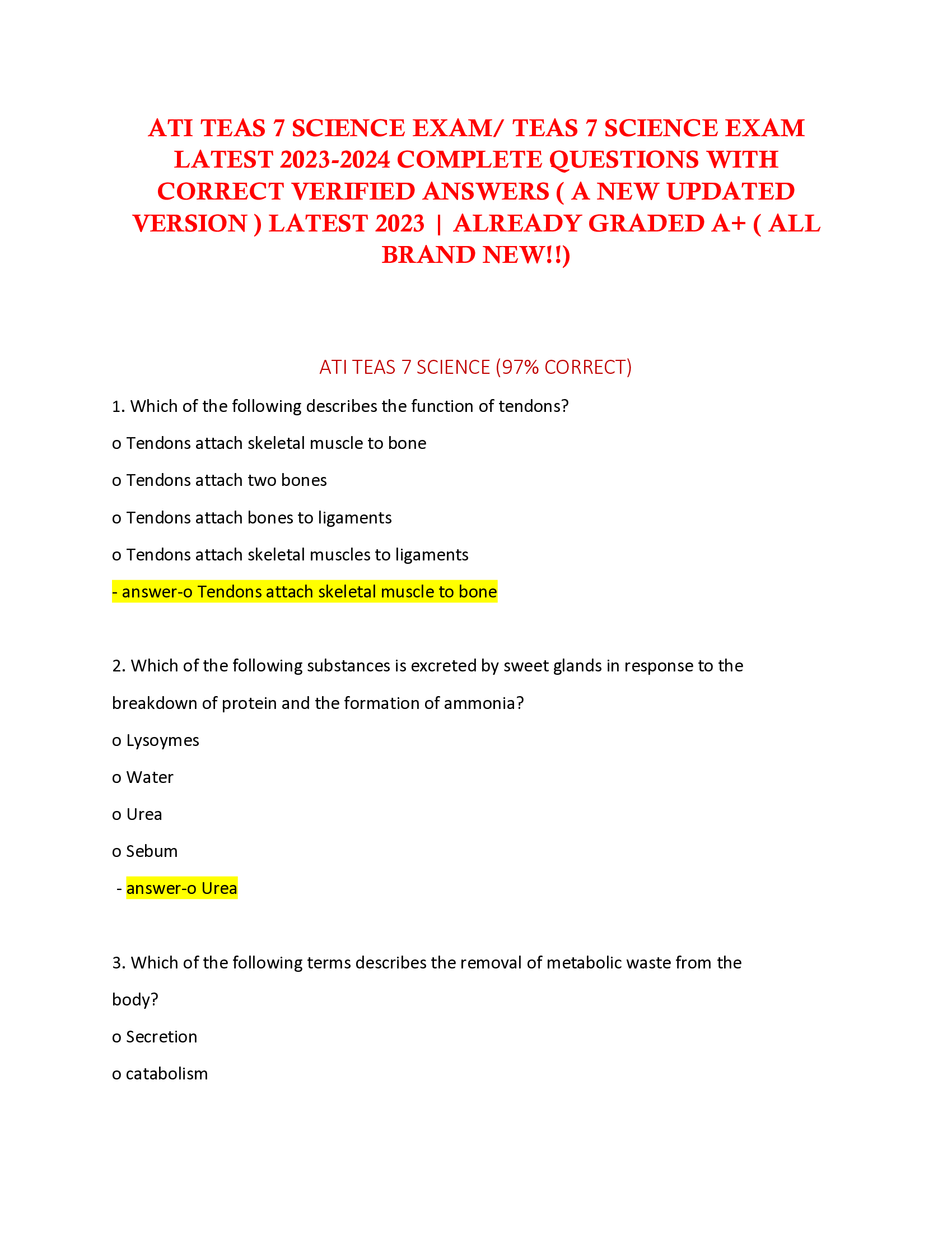ATI TEAS 7 SCIENCE EXAM, TEAS 7 SCIENCE EXAM  LATEST 2023-2024 COMPLETE QUESTIONS WITH  CORRECT VERIFIED ANSWERS ( A NEW UPDATED  VERSION ) LATEST 2023 | ALREADY GRADED A+ ( ALL BRAND NEW!!)