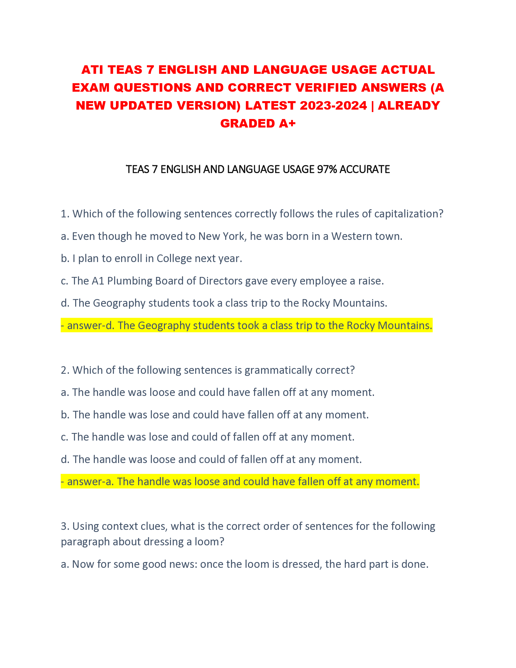 ATI TEAS 7 ENGLISH AND LANGUAGE USAGE ACTUAL  EXAM QUESTIONS AND CORRECT VERIFIED ANSWERS (A  NEW UPDATED VERSION) LATEST 2023-2024 | ALREADY GRADED A+