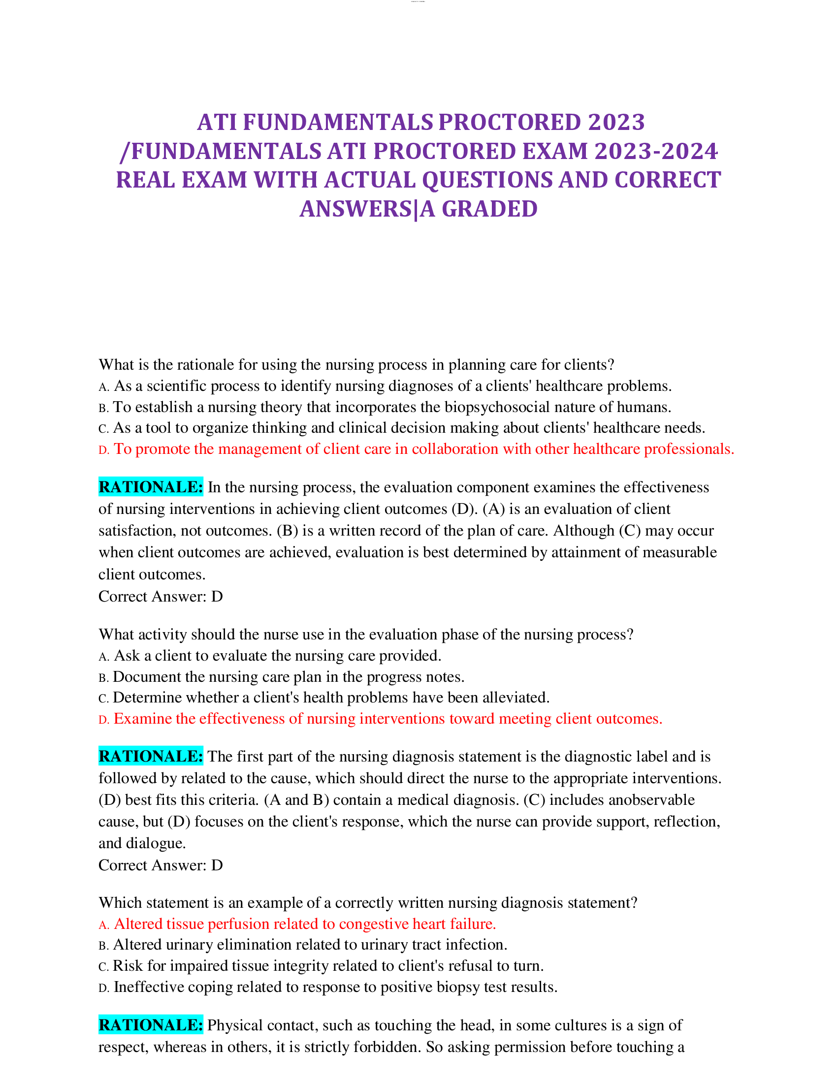 Fundamentals ATI Proctored Exam 2026 Real Exam with Actual Questions and Correct Answers | A Graded