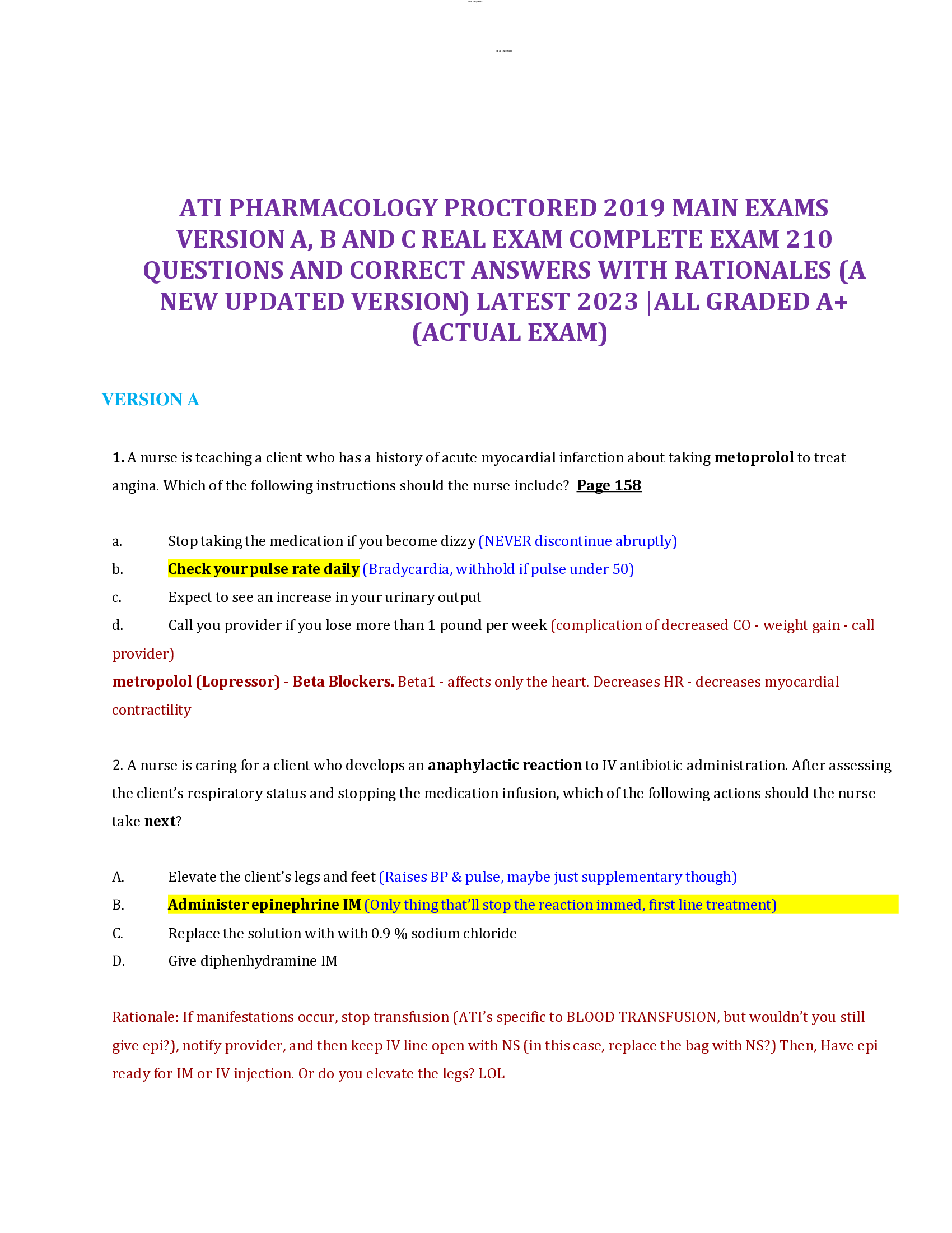 ATI PHARMACOLOGY PROCTORED 2019 MAIN EXAMS  VERSION A, B AND C REAL EXAM COMPLETE EXAM 210  QUESTIONS AND CORRECT ANSWERS WITH RATIONALES (A  NEW UPDATED VERSION) LATEST 2023 |ALL GRADED A+    (ACTUAL EXAM)