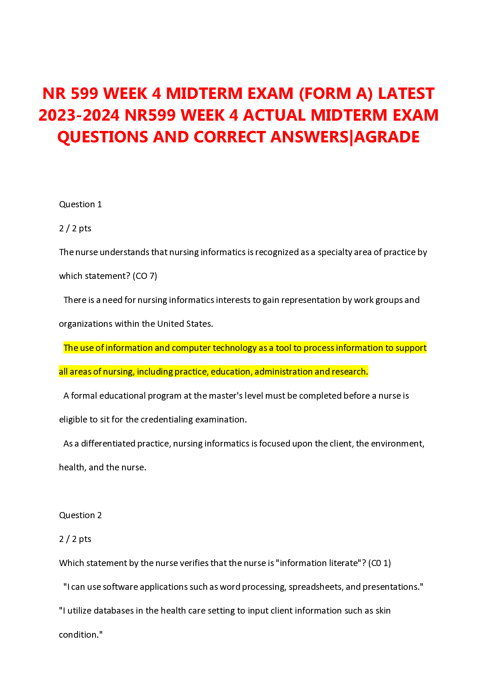 NR 599 WEEK 4 MIDTERM EXAM (FORM A) LATEST  2023-2024 NR599 WEEK 4 ACTUAL MIDTERM EXAM QUESTIONS AND CORRECT ANSWERS|AGRADE