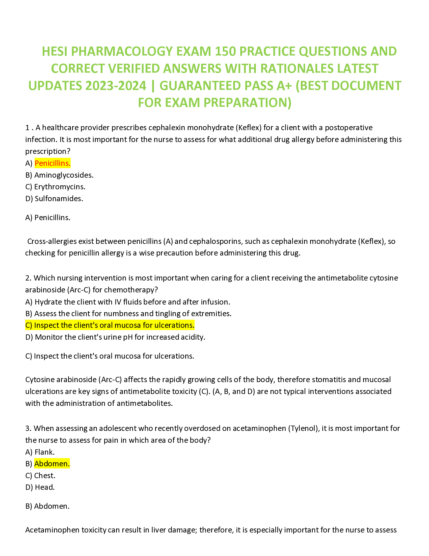 HESI PHARMACOLOGY EXAM 150 PRACTICE QUESTIONS AND  CORRECT VERIFIED ANSWERS WITH RATIONALES LATEST  UPDATES 2023-2024 | GUARANTEED PASS A+ (BEST DOCUMENT FOR EXAM PREPARATION)