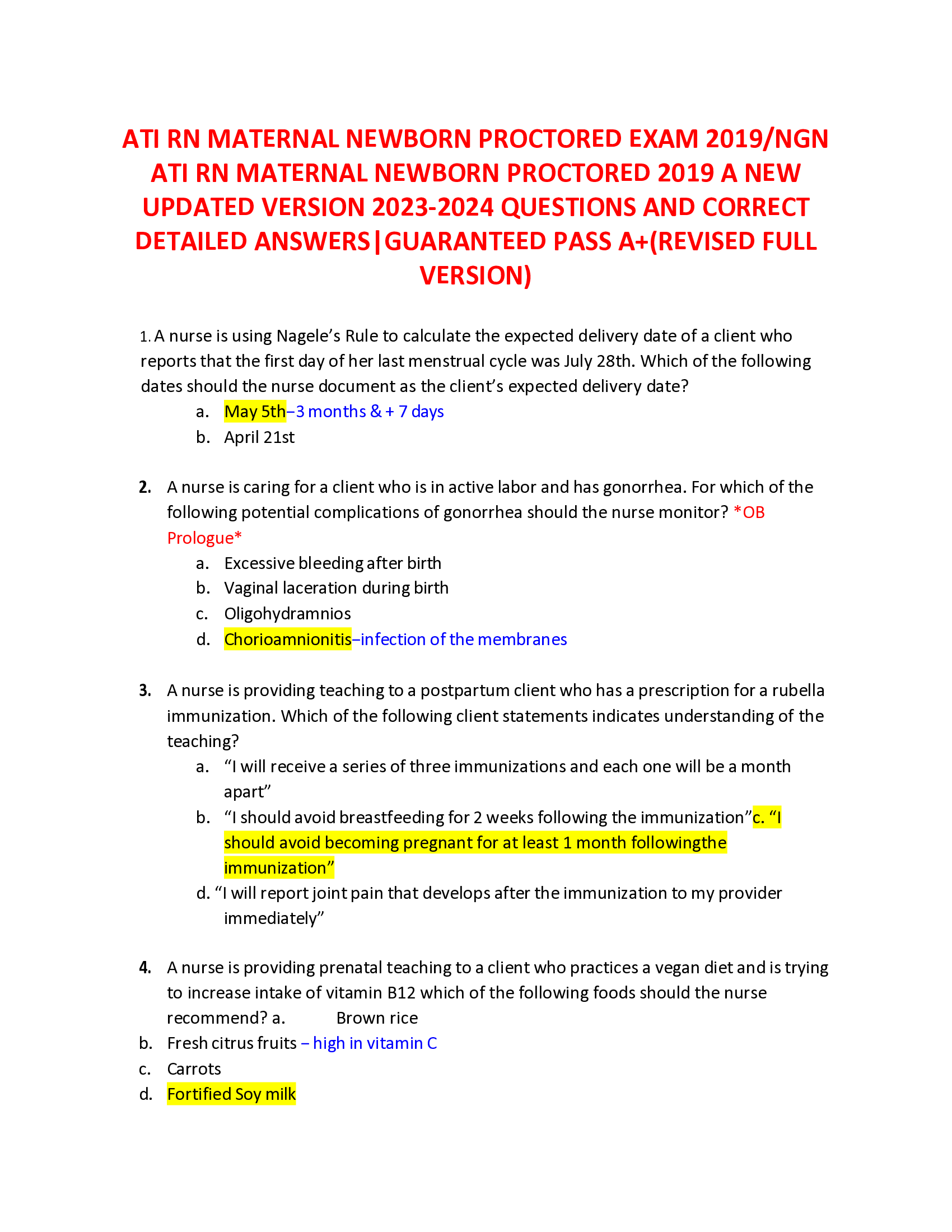 ATI RN MATERNAL NEWBORN PROCTORED EXAM 2019 NGN  ATI RN MATERNAL NEWBORN PROCTORED 2019 A NEW  UPDATED VERSION 2023-2024 QUESTIONS AND CORRECT  DETAILED ANSWERS|GUARANTEED PASS A+(REVISED FULL  VERSION)