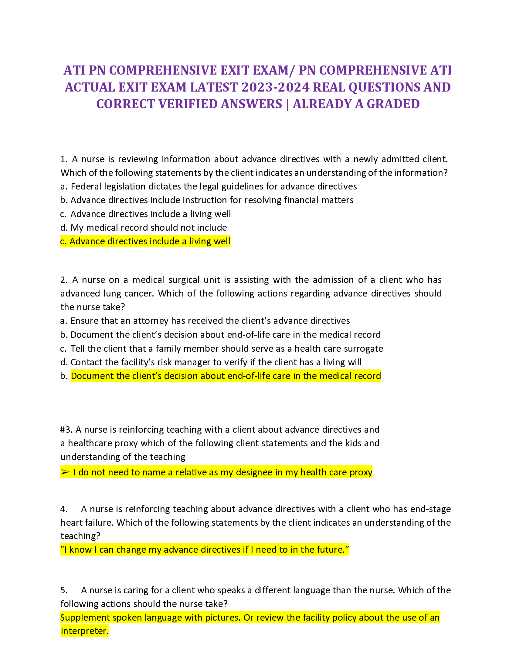 ATI PN COMPREHENSIVE EXIT EXAM, PN COMPREHENSIVE ATI ACTUAL EXIT EXAM LATEST 2023-2024 REAL QUESTIONS AND CORRECT VERIFIED ANSWERS | ALREADY A GRADED