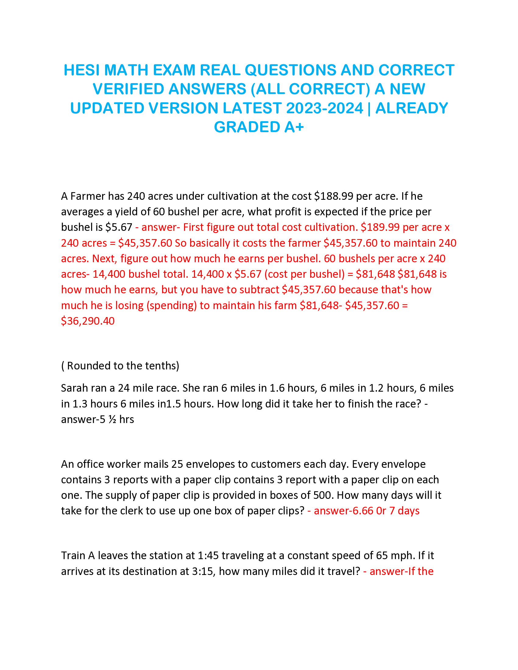 HESI MATH EXAM REAL QUESTIONS AND CORRECT  VERIFIED ANSWERS (ALL CORRECT) A NEW  UPDATED VERSION LATEST 2023-2024 | ALREADY GRADED A+