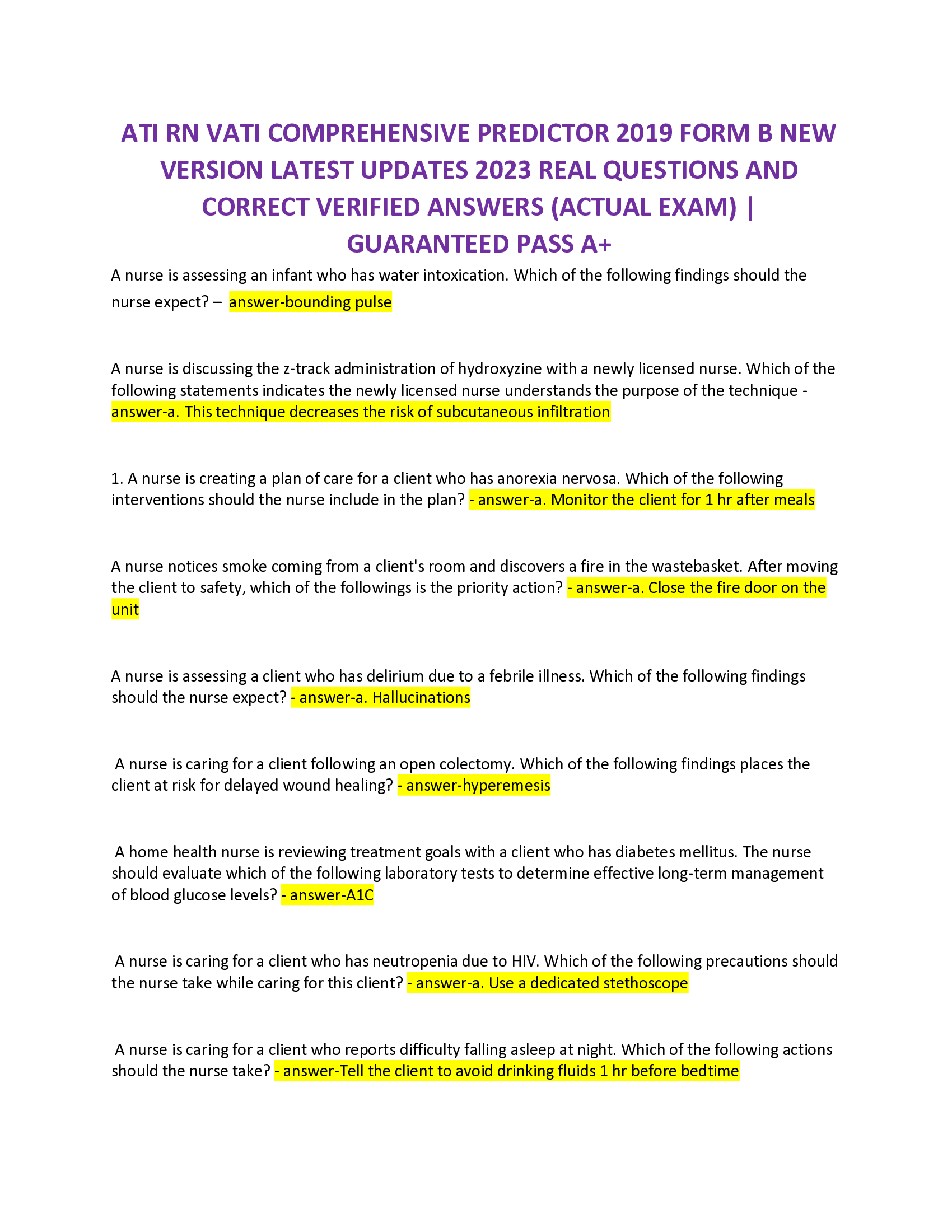 ATI RN VATI COMPREHENSIVE PREDICTOR 2019 FORM B NEW  VERSION LATEST UPDATES 2023 REAL QUESTIONS AND  CORRECT VERIFIED ANSWERS (ACTUAL EXAM) | GUARANTEED PASS A+