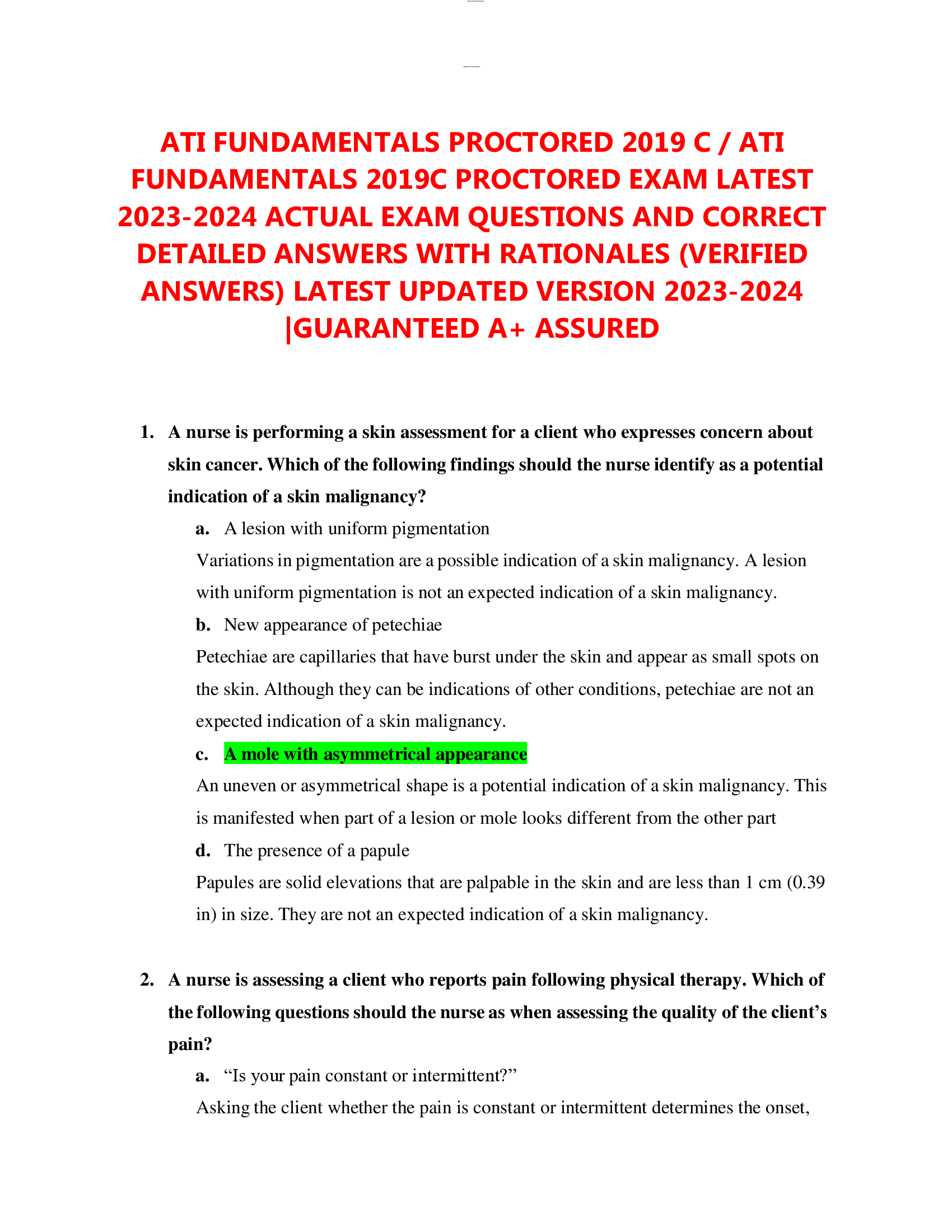 ATI FUNDAMENTALS PROCTORED 2019 C , ATI  FUNDAMENTALS 2019C PROCTORED EXAM LATEST  2023-2024 ACTUAL EXAM QUESTIONS AND CORRECT DETAILED ANSWERS WITH RATIONALES (VERIFIED  ANSWERS) LATEST UPDATED VERSION 2023-2024  | GUARANTEED A+ ASSURED