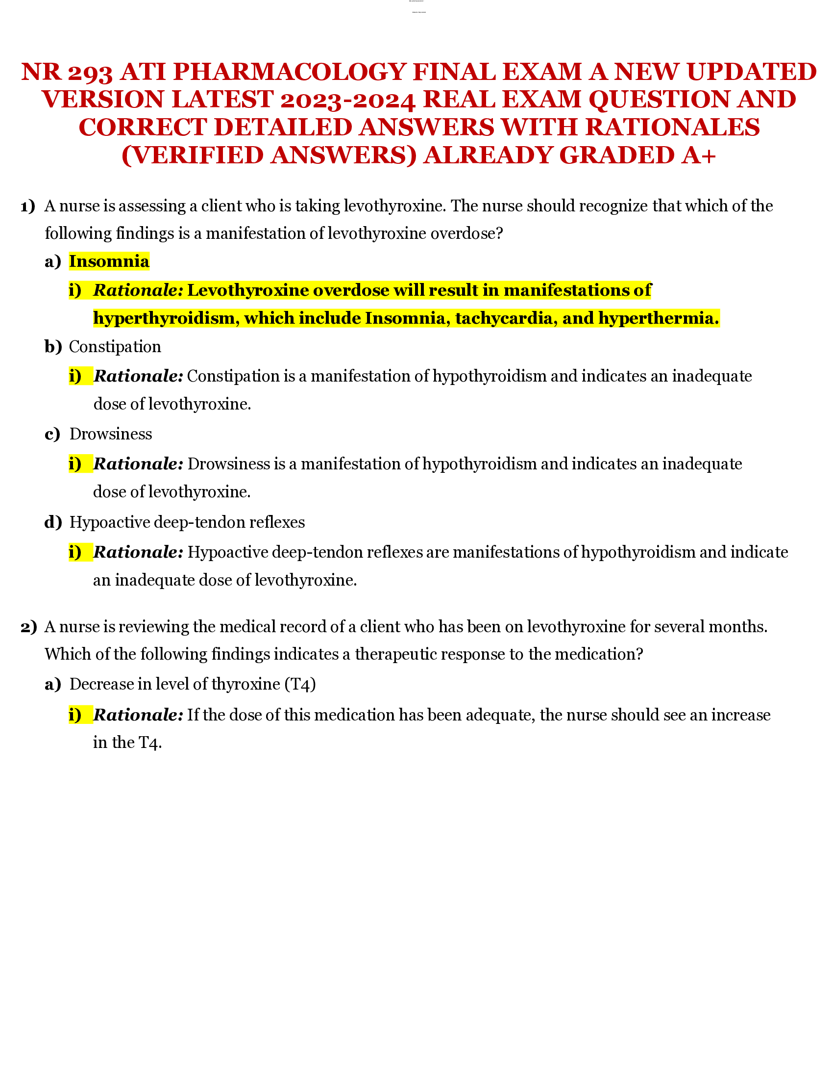 NR 293 ATI PHARMACOLOGY FINAL EXAM A NEW UPDATED  VERSION LATEST 2023-2024 REAL EXAM QUESTION AND  CORRECT DETAILED ANSWERS WITH RATIONALES  (VERIFIED ANSWERS) ALREADY GRADED A