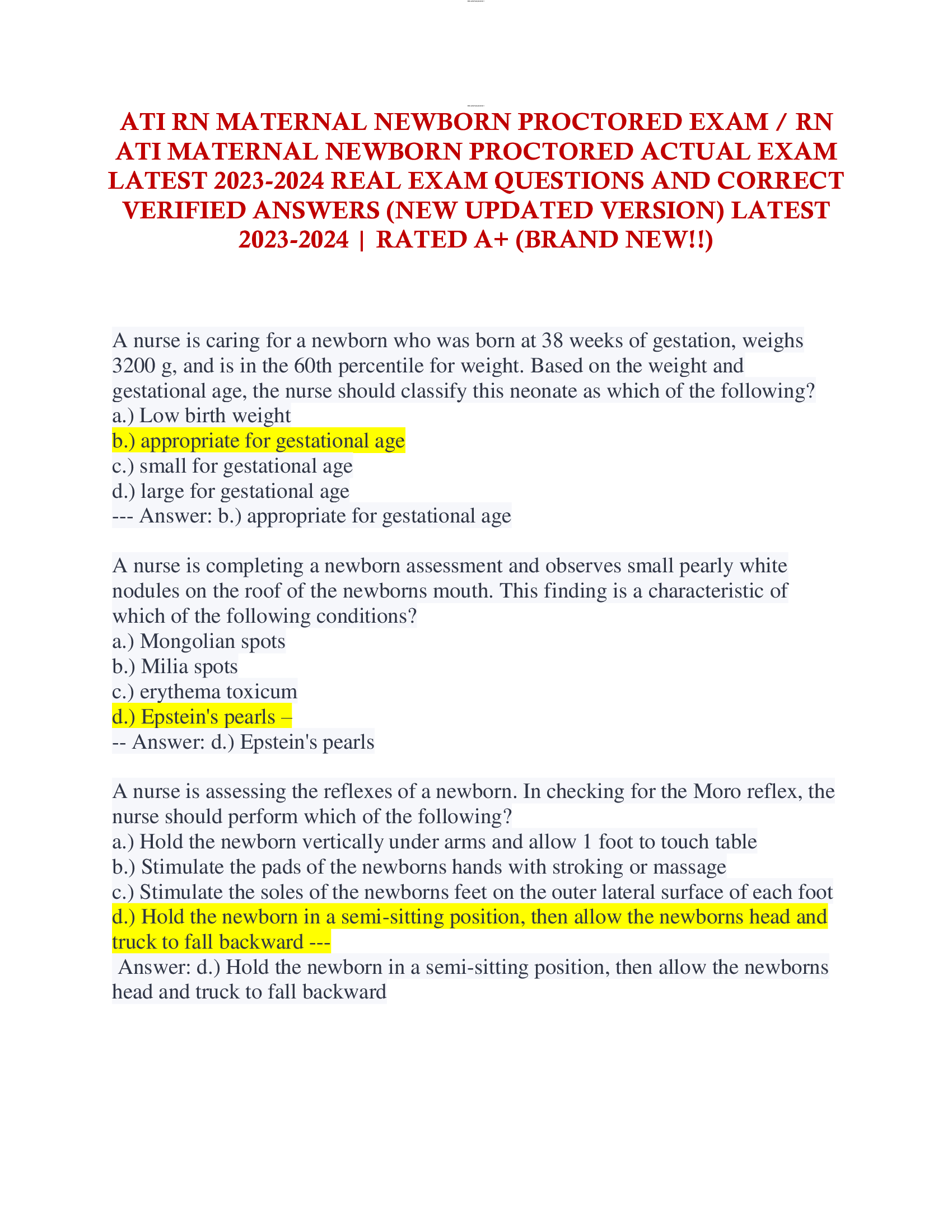 ATI RN MATERNAL NEWBORN PROCTORED EXAM, RN  ATI MATERNAL NEWBORN PROCTORED ACTUAL EXAM  LATEST 2023-2024 REAL EXAM QUESTIONS AND CORRECT  VERIFIED ANSWERS (NEW UPDATED VERSION) LATEST  2023-2024 | RATED A+ (BRAND NEW!!)