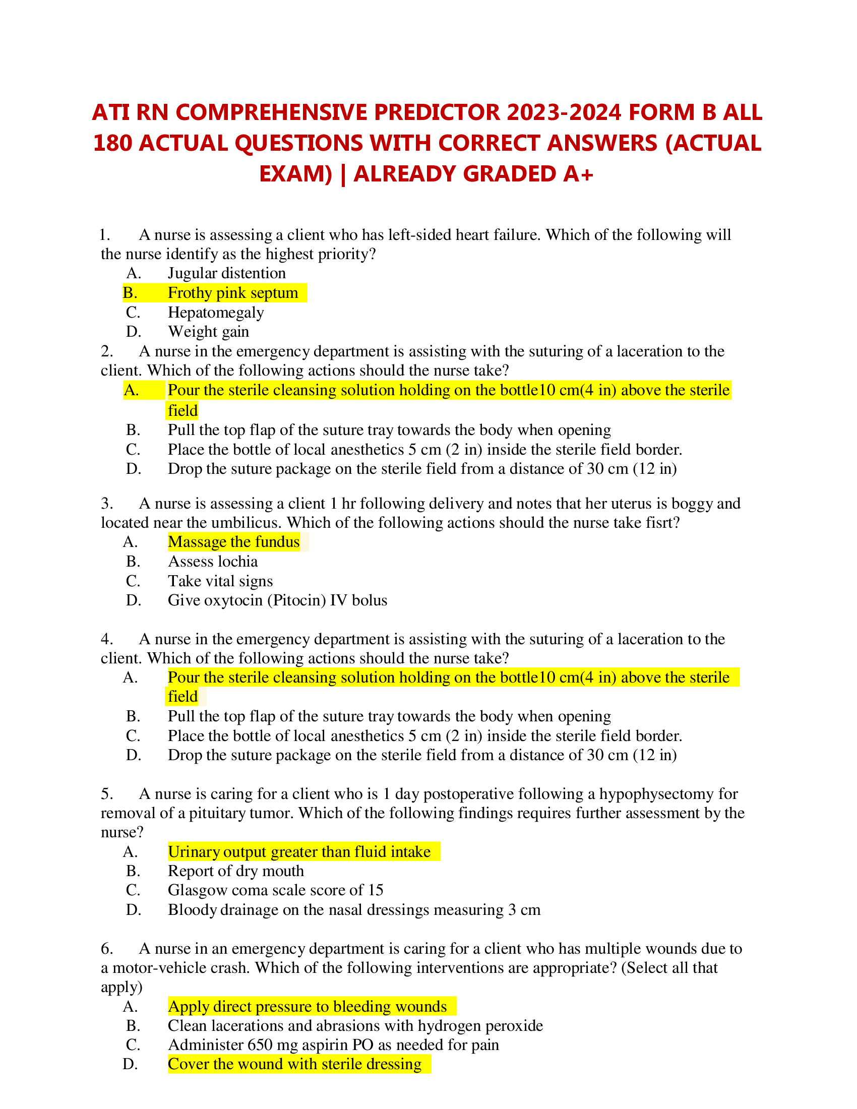ATI RN COMPREHENSIVE PREDICTOR 2023-2026 FORM B ALL  180 ACTUAL QUESTIONS WITH CORRECT ANSWERS (ACTUAL EXAM) | ALREADY GRADED A+