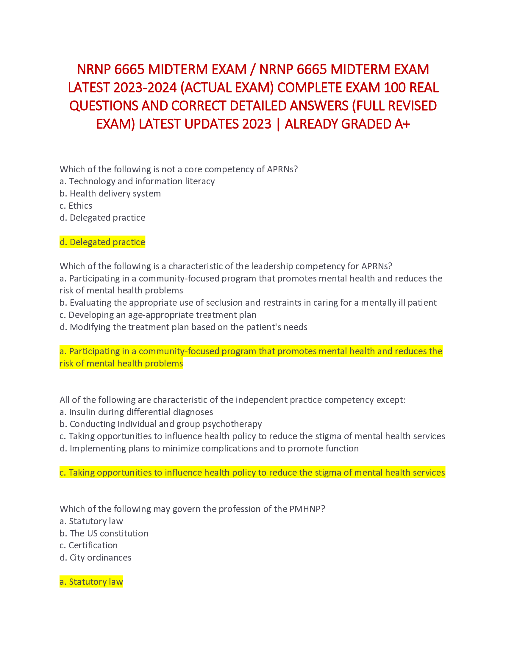 NRNP 6665 MIDTERM EXAM , NRNP 6665 MIDTERM EXAM  LATEST 2023-2024 (ACTUAL EXAM) COMPLETE EXAM 100 REAL  QUESTIONS AND CORRECT DETAILED ANSWERS (FULL REVISED  EXAM) LATEST UPDATES 2023 | ALREADY GRADED A+
