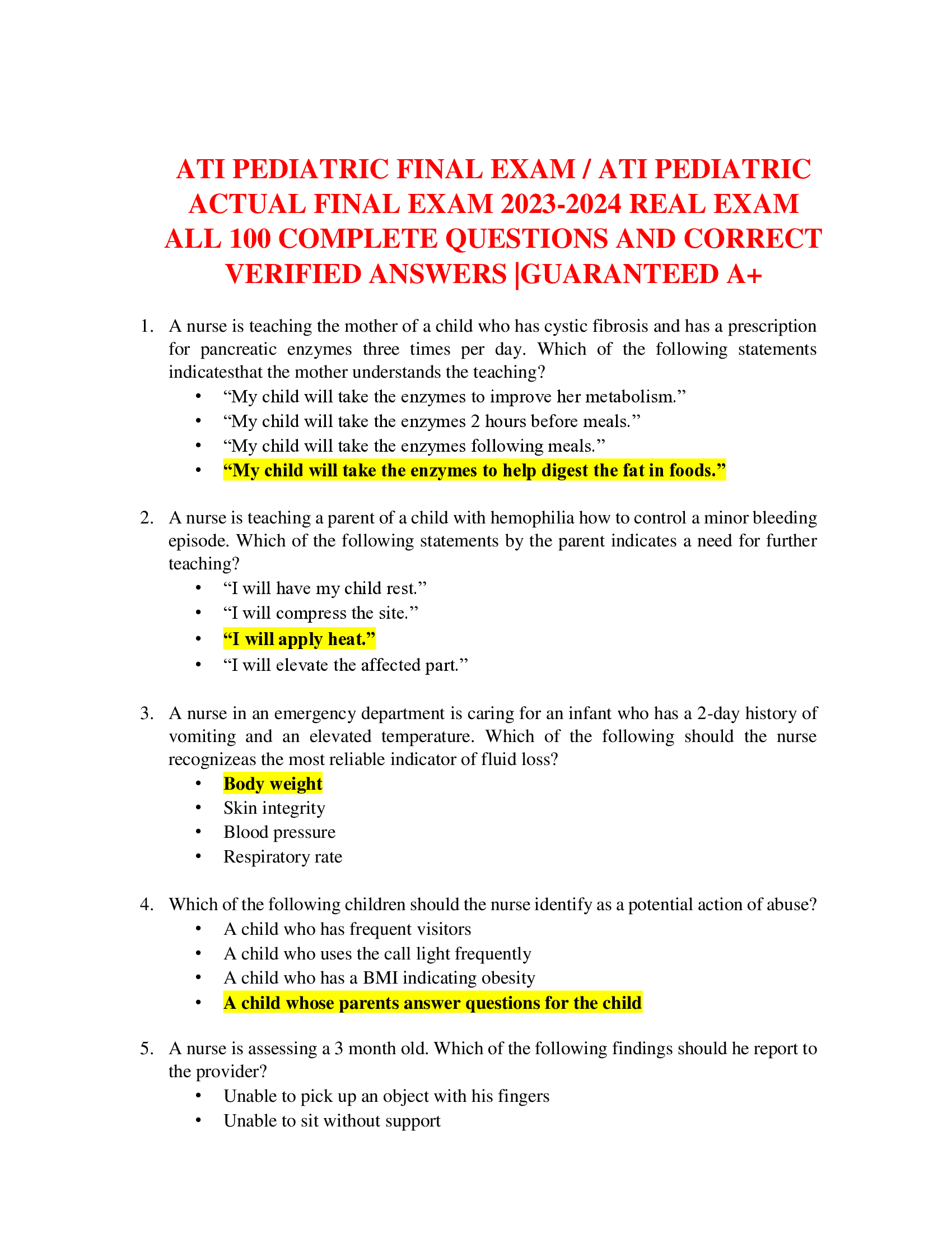 ATI PEDIATRIC FINAL EXAM, ATI PEDIATRIC  ACTUAL FINAL EXAM 2023-2024 REAL EXAM    ALL 100 COMPLETE QUESTIONS AND CORRECT VERIFIED ANSWERS | GUARANTEED A+