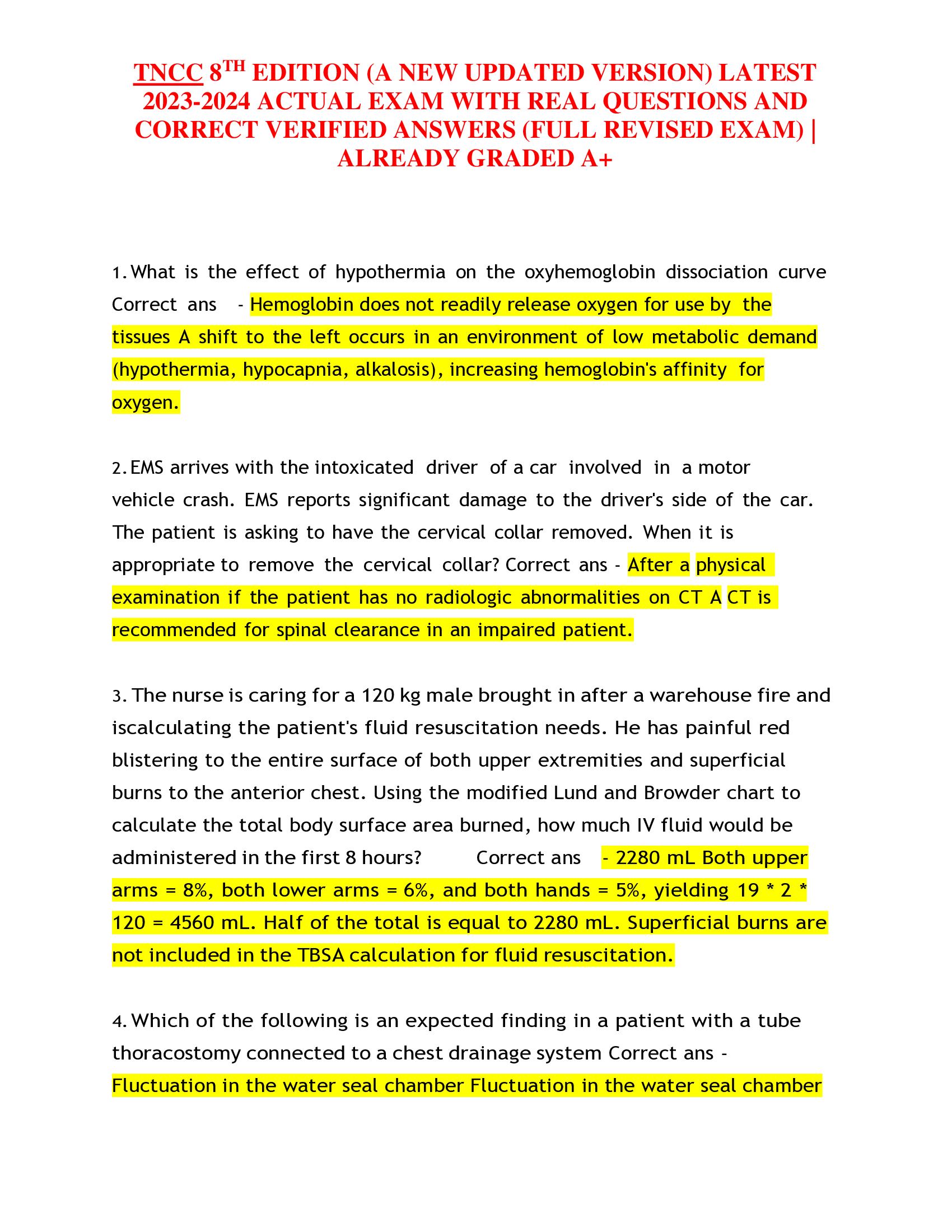 TNCC 8TH EDITION (A NEW UPDATED VERSION) LATEST 2023-2024 ACTUAL EXAM WITH REAL QUESTIONS AND CORRECT VERIFIED ANSWERS (FULL REVISED EXAM) | ALREADY GRADED A+