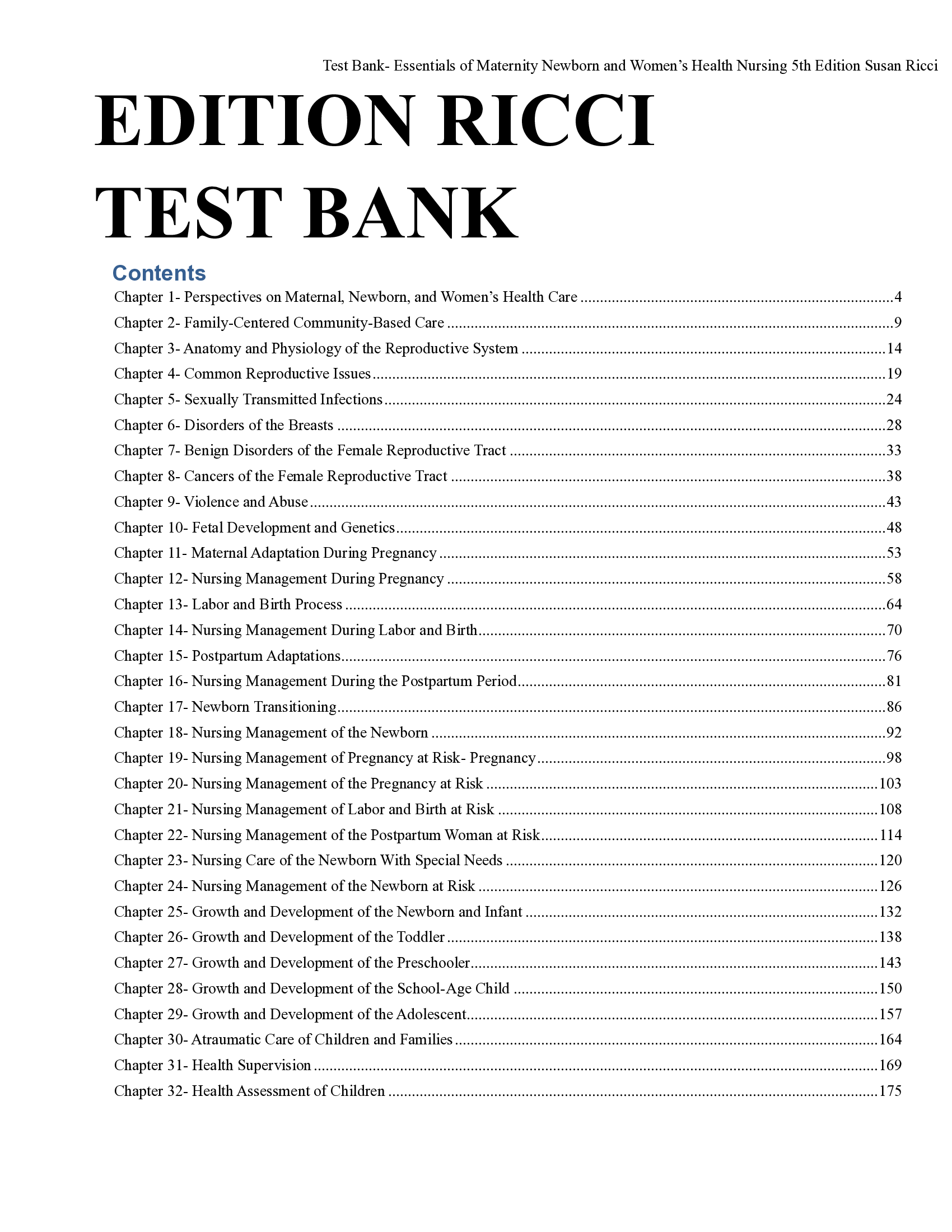 Test Bank- Essentials of Maternity Newborn and Women’s Health Nursing 5th Edition Susan Ricci