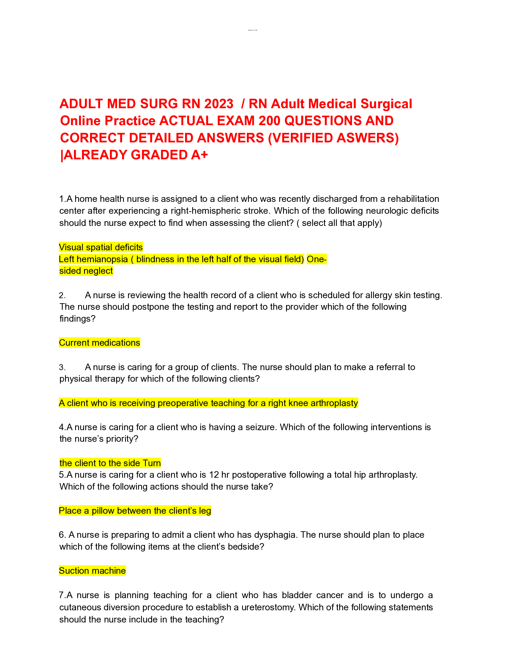 ADULT MED SURG RN 2023, RN Adult Medical Surgical Online Practice ACTUAL EXAM 90+ QUESTIONS AND CORRECT DETAILED ANSWERS (VERIFIED ASWERS) | ALREADY GRADED A+.