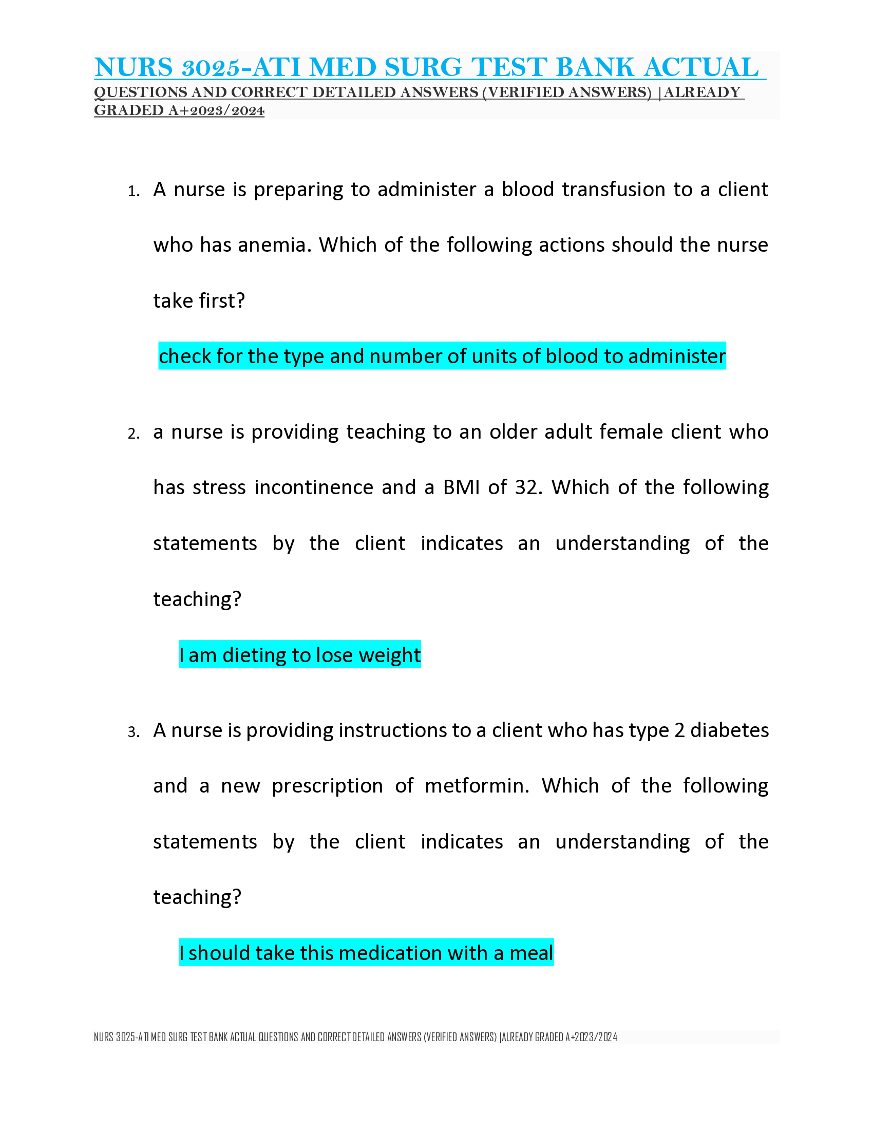 NURS 3025-ATI MED SURG TEST BANK ACTUAL  QUESTIONS AND CORRECT DETAILED ANSWERS (VERIFIED ANSWERS) |ALREADY  GRADED A+2023, 2024 l