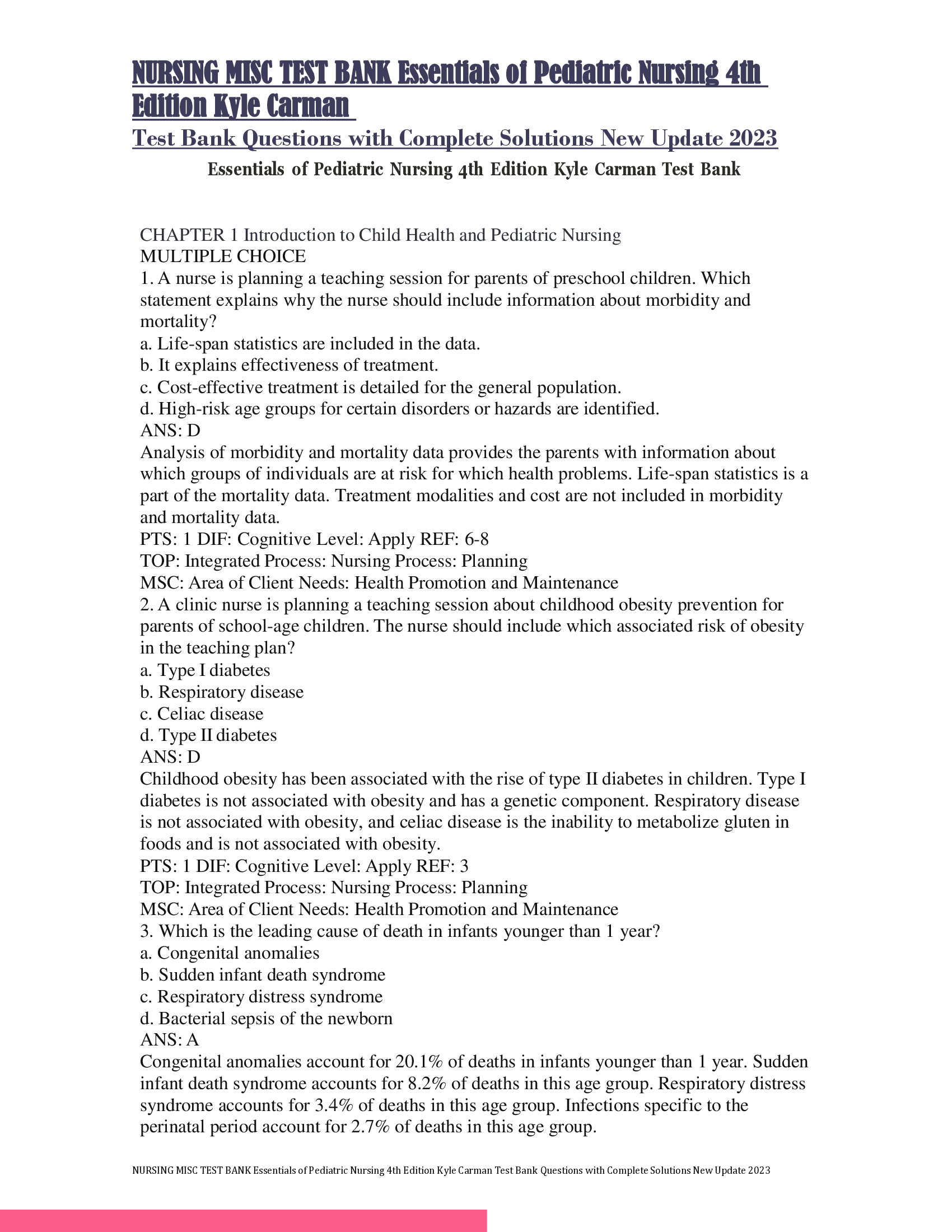 NURSING MISC TEST BANK Essentials of Pediatric Nursing 4th  Edition Kyle Carman