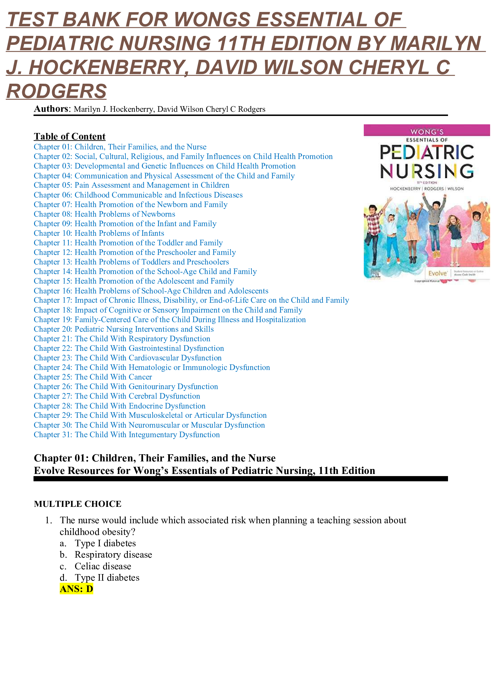 Test Bank for Wong’s Essentials of Pediatric Nursing, 11th Edition (Hockenberry): All Chapters 1-31 with Verified Questions & Rationales