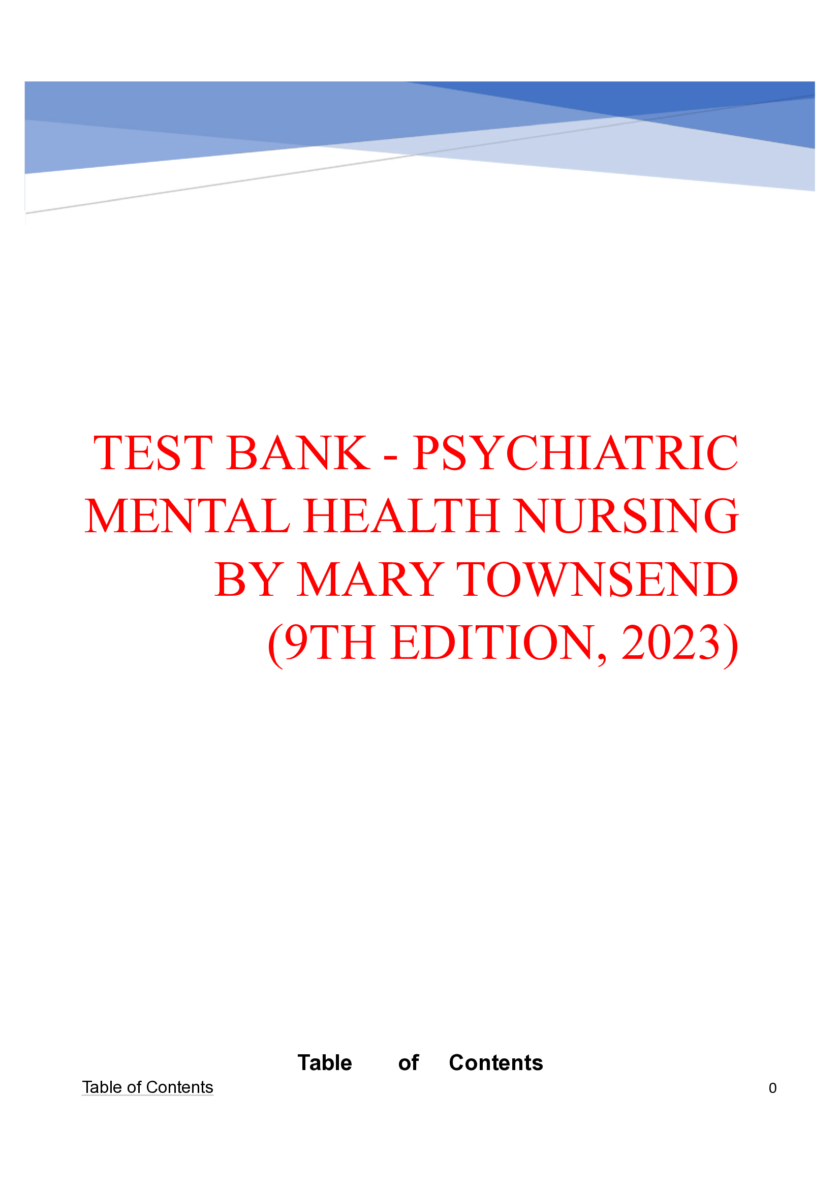 TEST BANK - PSYCHIATRIC MENTAL HEALTH NURSING BY MARY TOWNSEND (9TH EDITION, 2023)