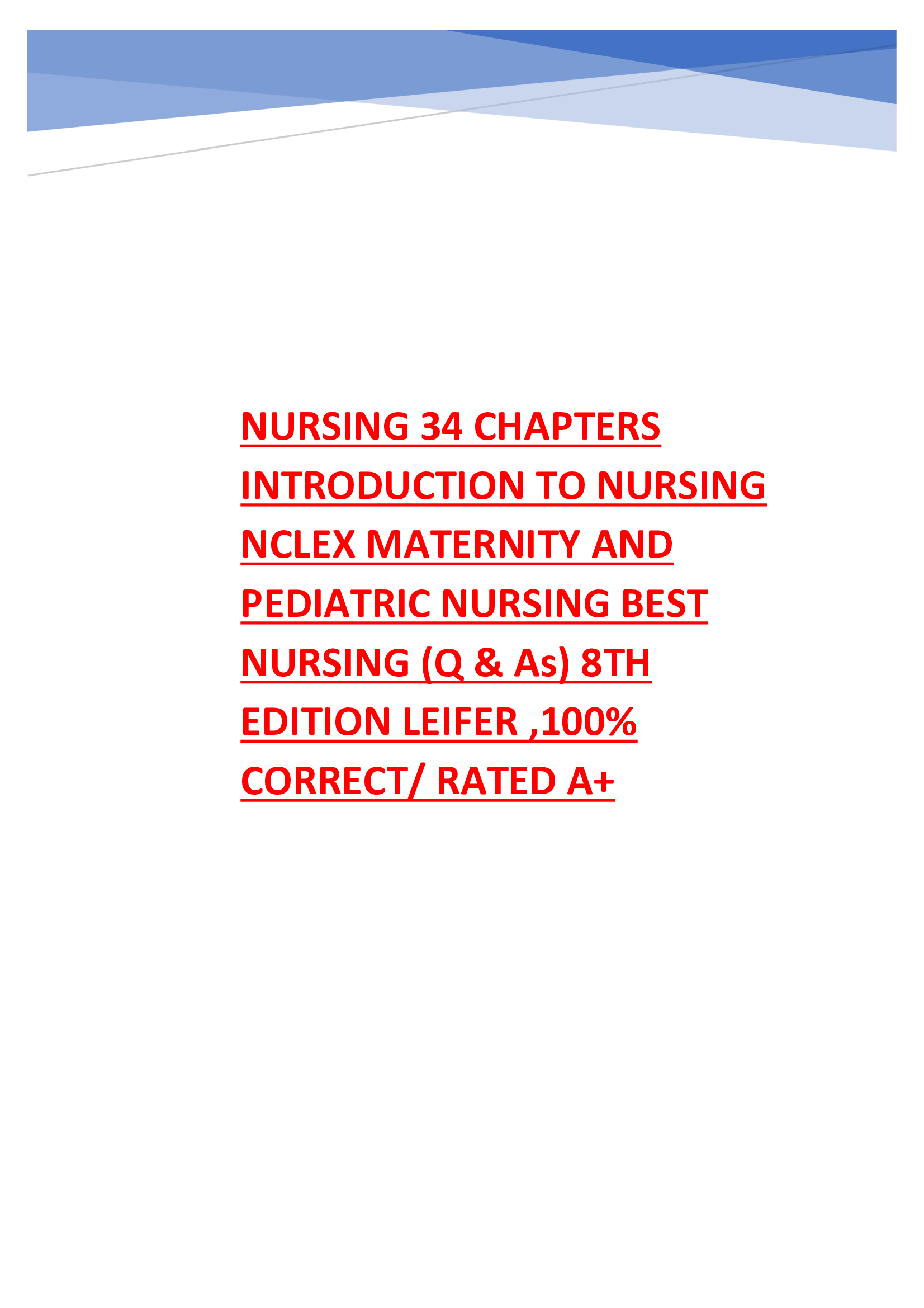 INTRODUCTION TO MATERNITY AND PEDIATRIC NURSING 8TH EDITION LEIFER TEST BANK