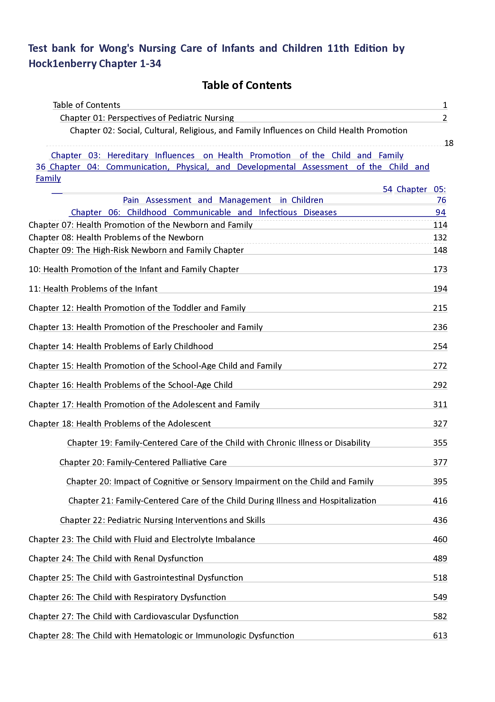 Wongs Test bank for Nursing Care of Infants and Children 13th Edition by Hock1enberry Chapter 1-34