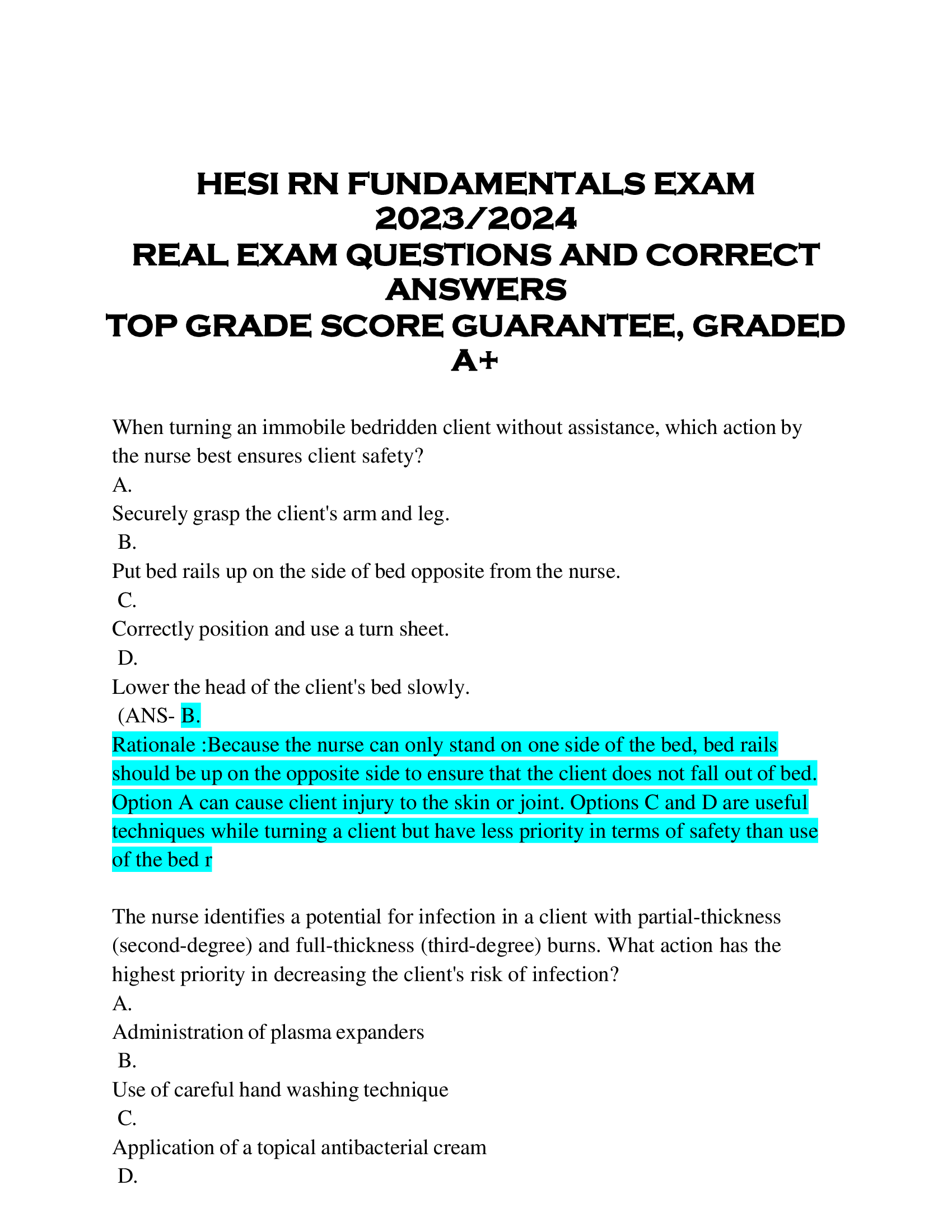 HESI RN FUNDAMENTALS EXAM  2023 | 2024  REAL EXAM QUESTIONS AND CORRECT  ANSWERS  TOP GRADE SCORE GUARANTEE, GRADED  A+
