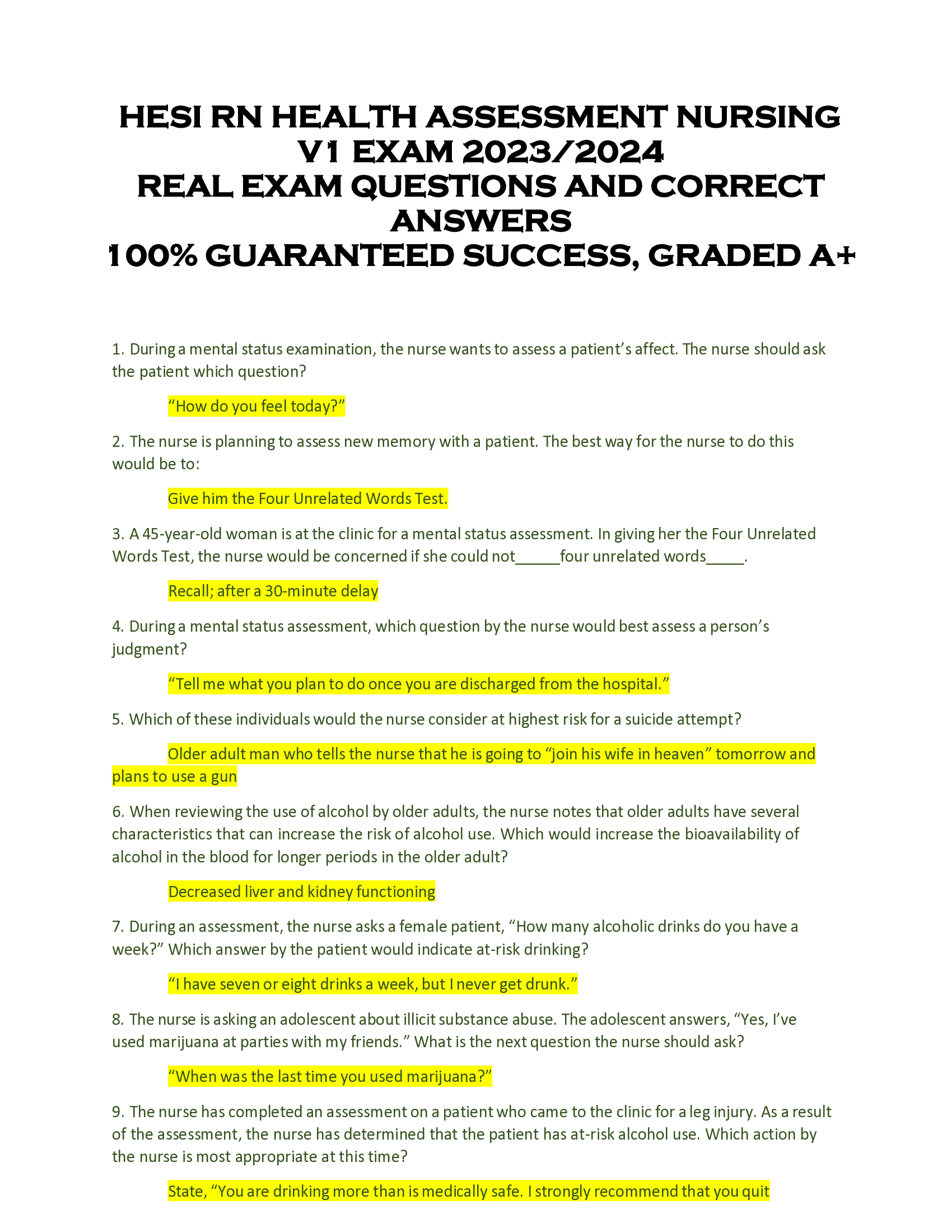 HESI RN HEALTH ASSESSMENT NURSING  V1 EXAM 2023 | 2024  REAL EXAM QUESTIONS AND CORRECT  ANSWERS GUARANTEED SUCCESS, GRADED A+