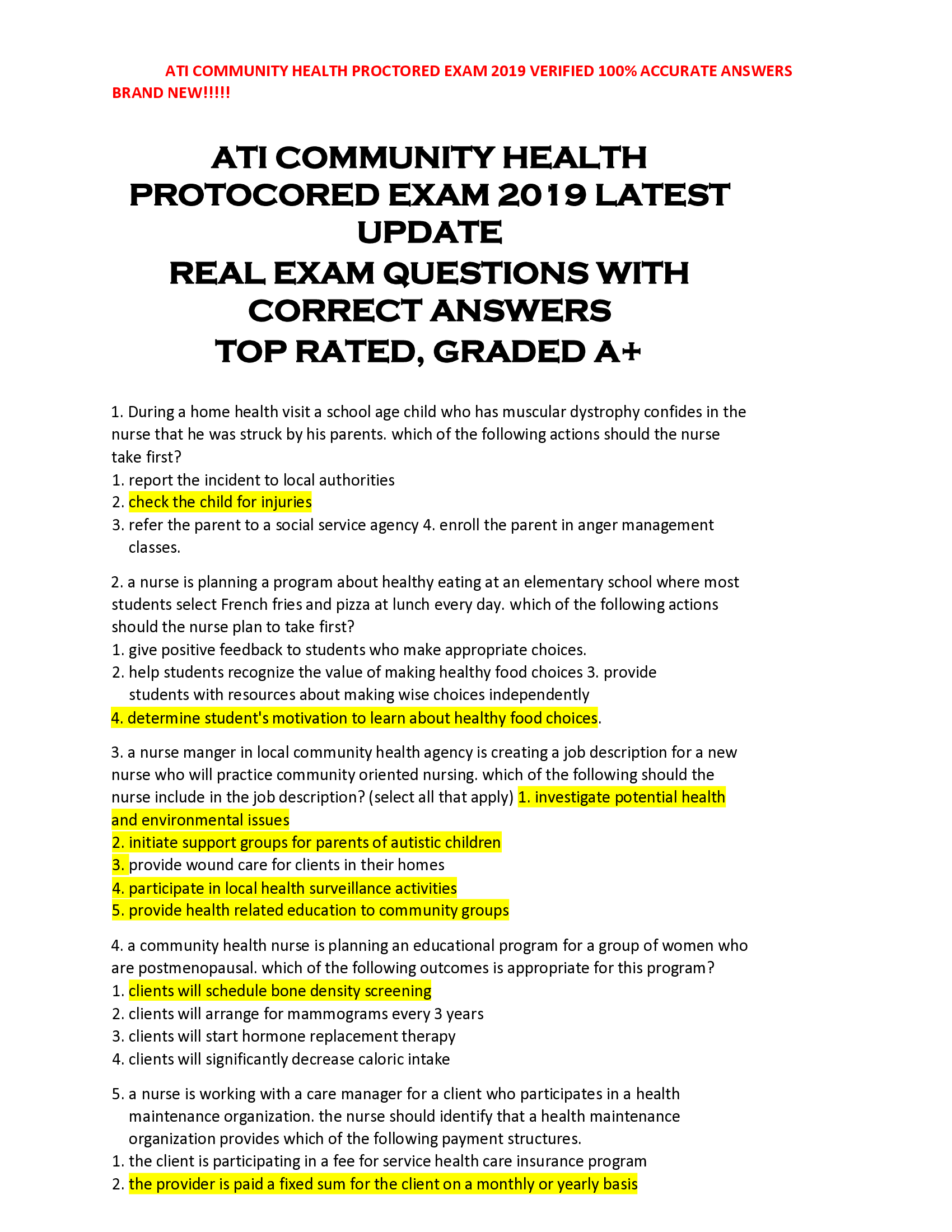 ATI COMMUNITY HEALTH  PROTOCORED EXAM 2019 LATEST  UPDATE  REAL EXAM QUESTIONS WITH  CORRECT ANSWERS  TOP RATED, GRADED A+