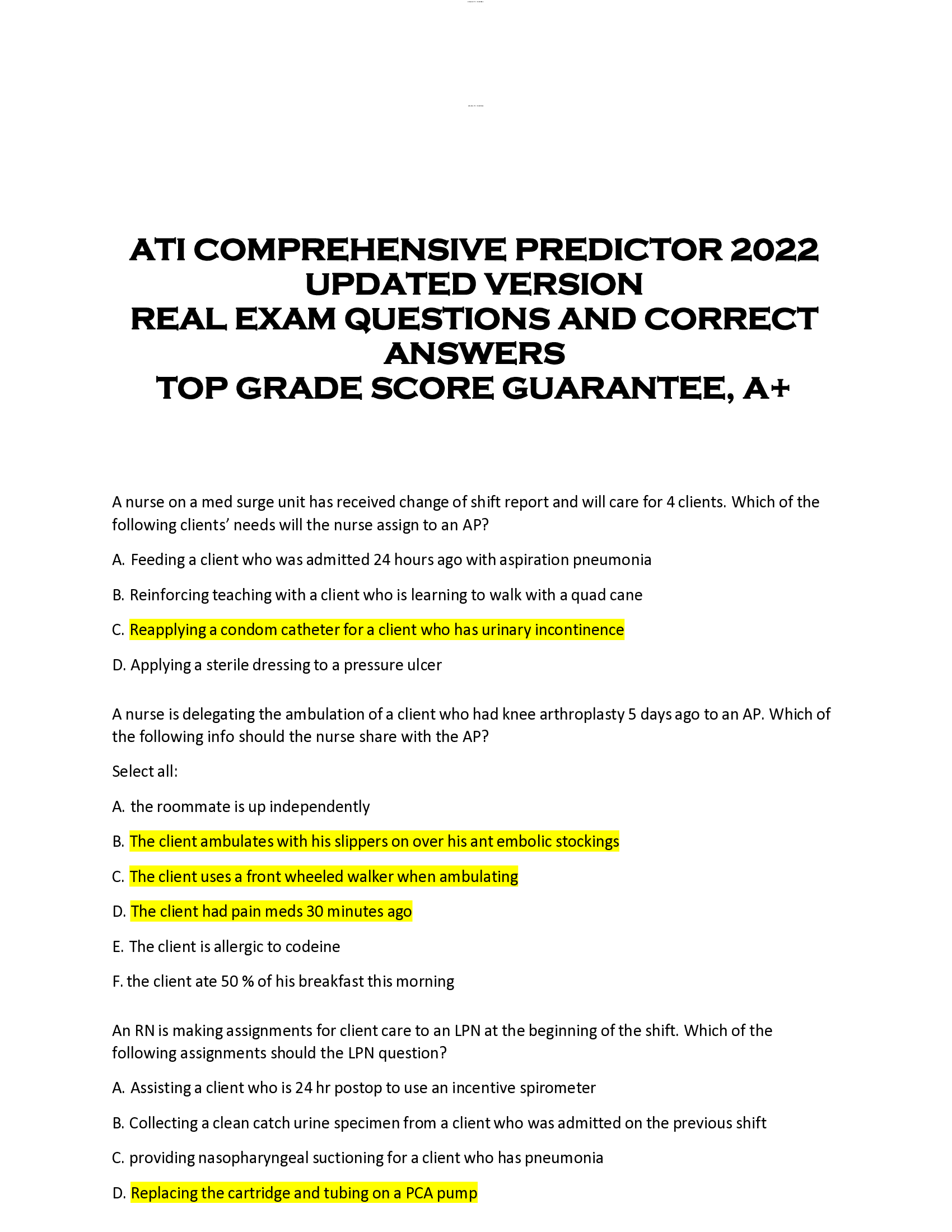 ATI COMPREHENSIVE PREDICTOR 2022  UPDATED VERSION  REAL EXAM QUESTIONS AND CORRECT  ANSWERS  TOP GRADE SCORE GUARANTEE, A+