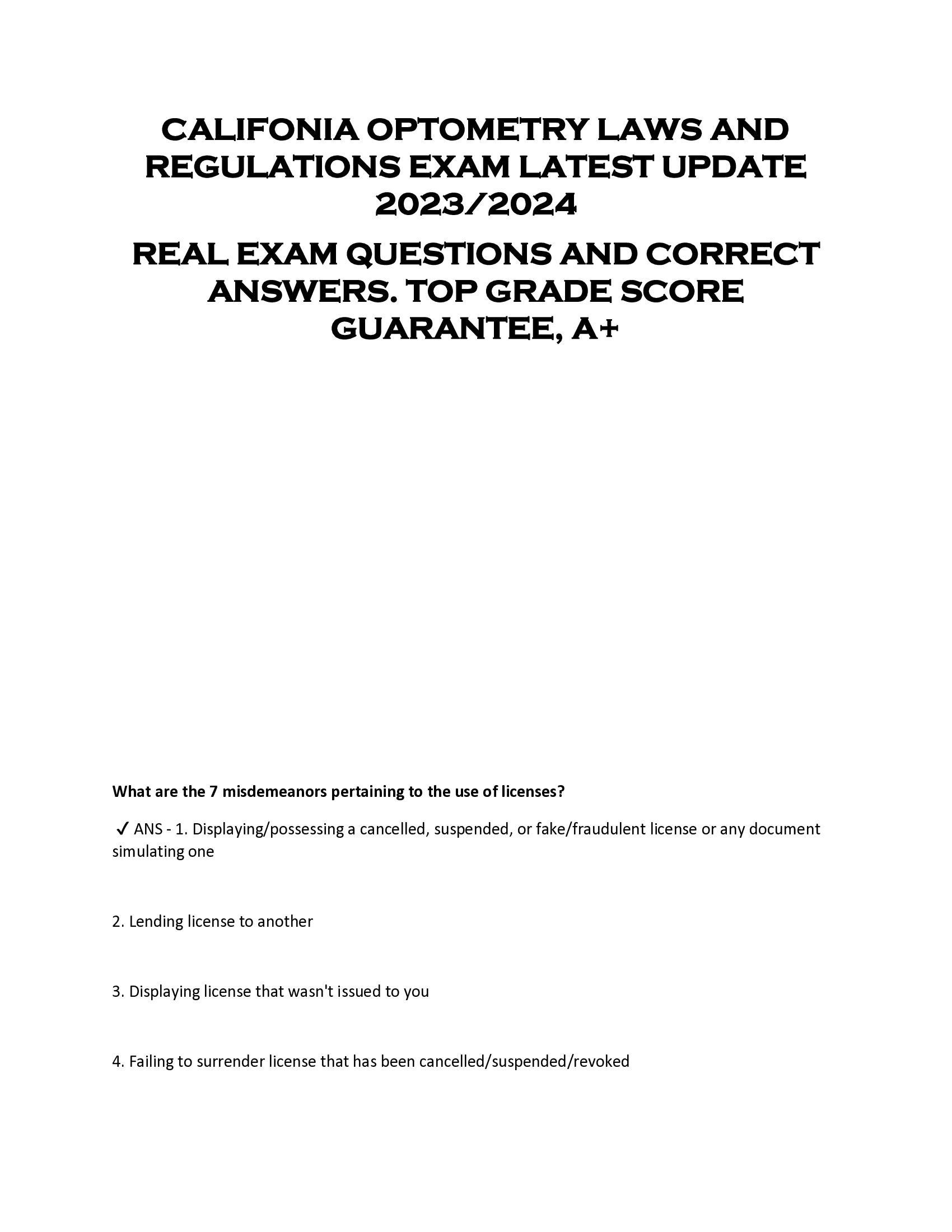 CALIFONIA OPTOMETRY LAWS AND  REGULATIONS EXAM LATEST UPDATE  2023, 2024  REAL EXAM QUESTIONS AND CORRECT  ANSWERS. TOP GRADE SCORE  GUARANTEE, A+