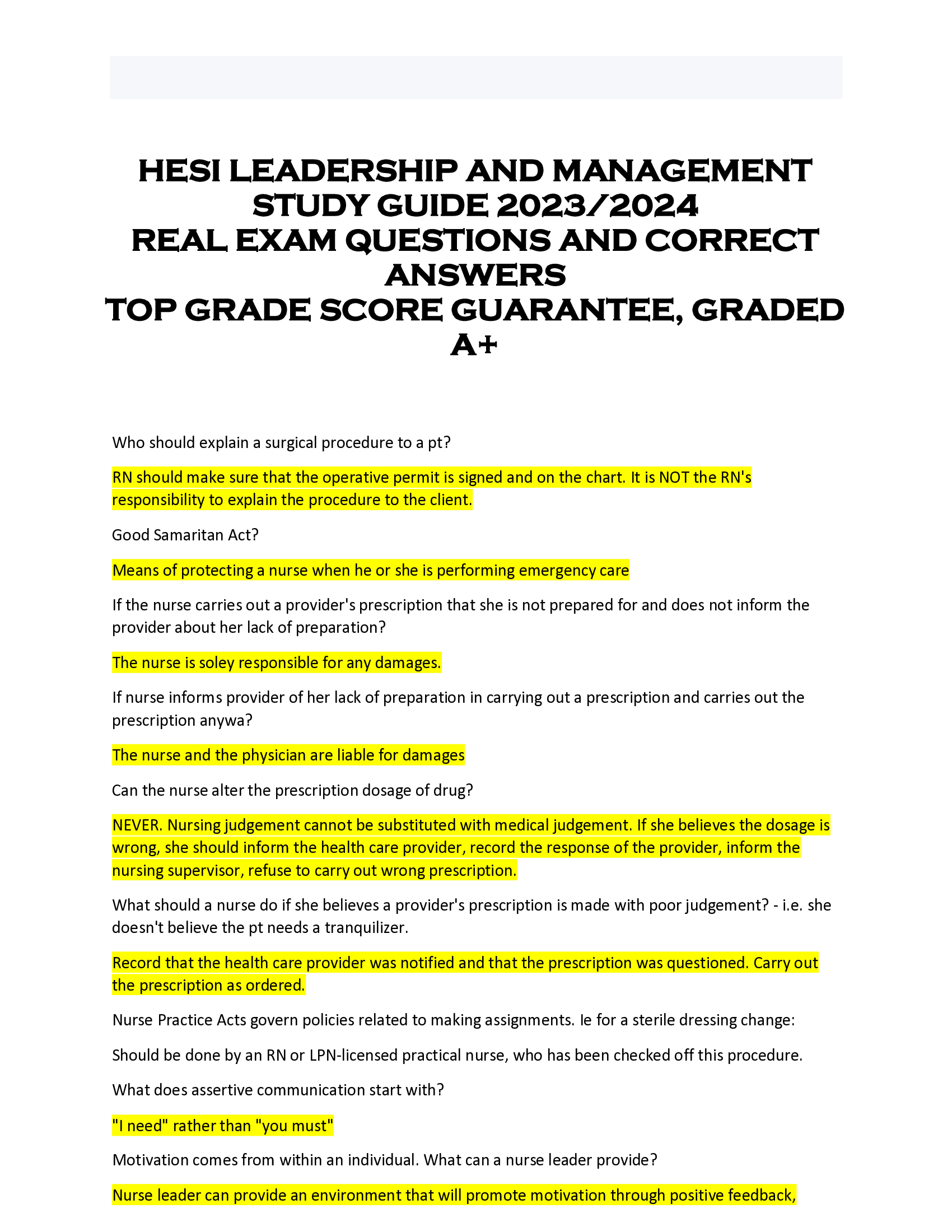 HESI LEADERSHIP AND MANAGEMENT  STUDY GUIDE 2023 | 2024  REAL EXAM QUESTIONS AND CORRECT  ANSWERS  TOP GRADE SCORE GUARANTEE, GRADED  A+