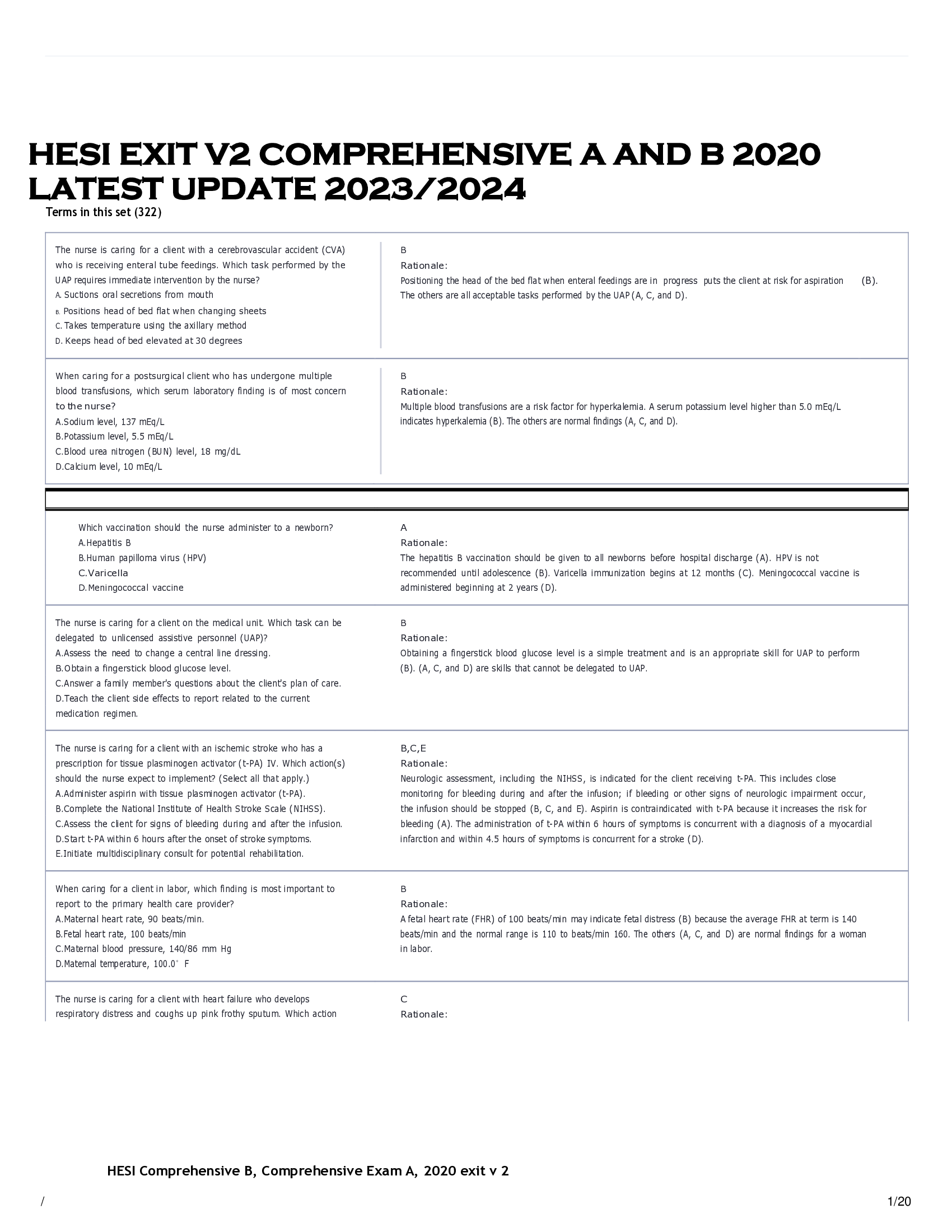 HESI EXIT V2 COMPREHENSIVE A AND B 2020  LATEST UPDATE 2023, 2024