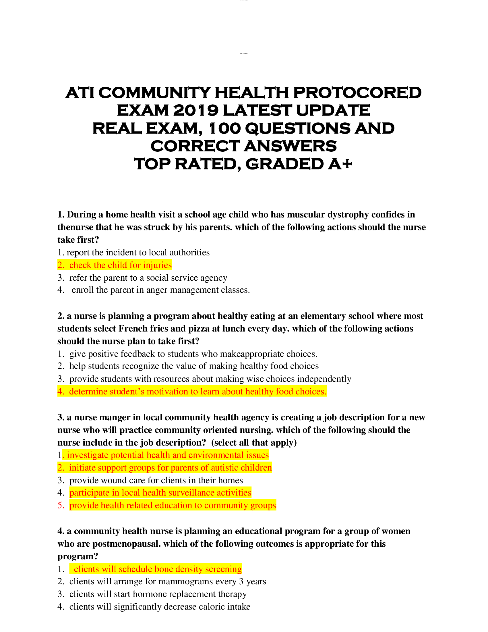 ATI COMMUNITY HEALTH PROTOCORED  EXAM 2019 LATEST UPDATE  REAL EXAM, 100 QUESTIONS AND  CORRECT ANSWERS  TOP RATED, GRADED A+