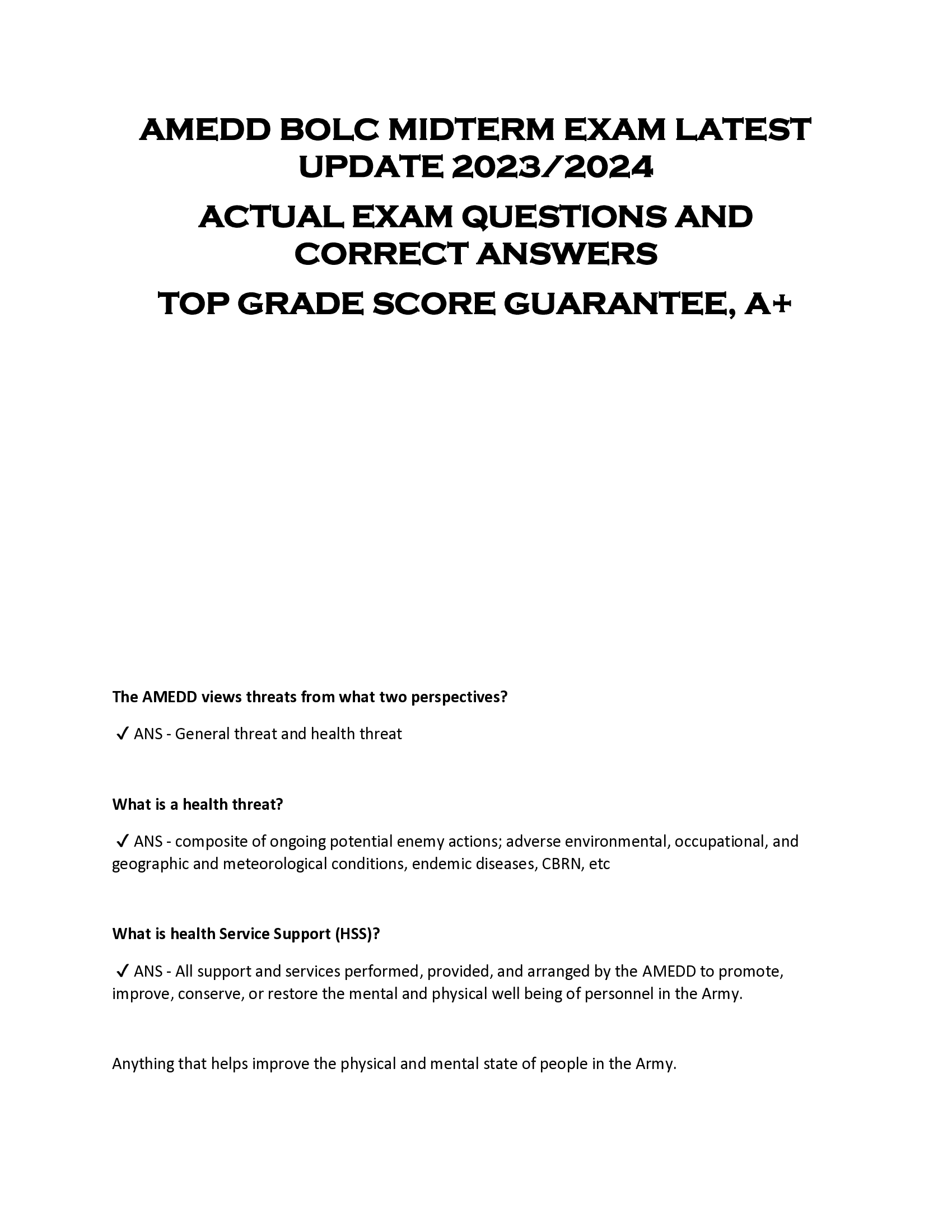 AMEDD BOLC MIDTERM EXAM LATEST  UPDATE 2023, 2024  ACTUAL EXAM QUESTIONS AND  CORRECT ANSWERS  TOP GRADE SCORE GUARANTEE, A+